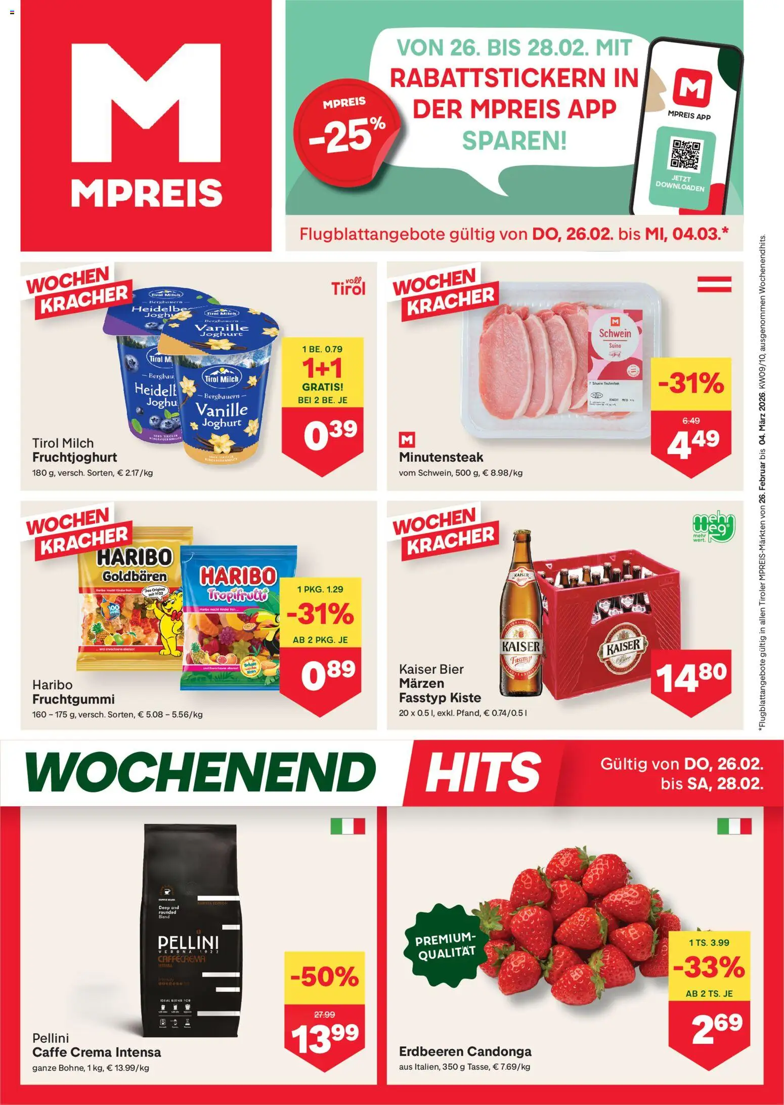 MPREIS Flugblatt gültig ab 26.02.2026 | Seite: 1 | Produkte: Erdbeeren, Milch, Joghurt, Bier