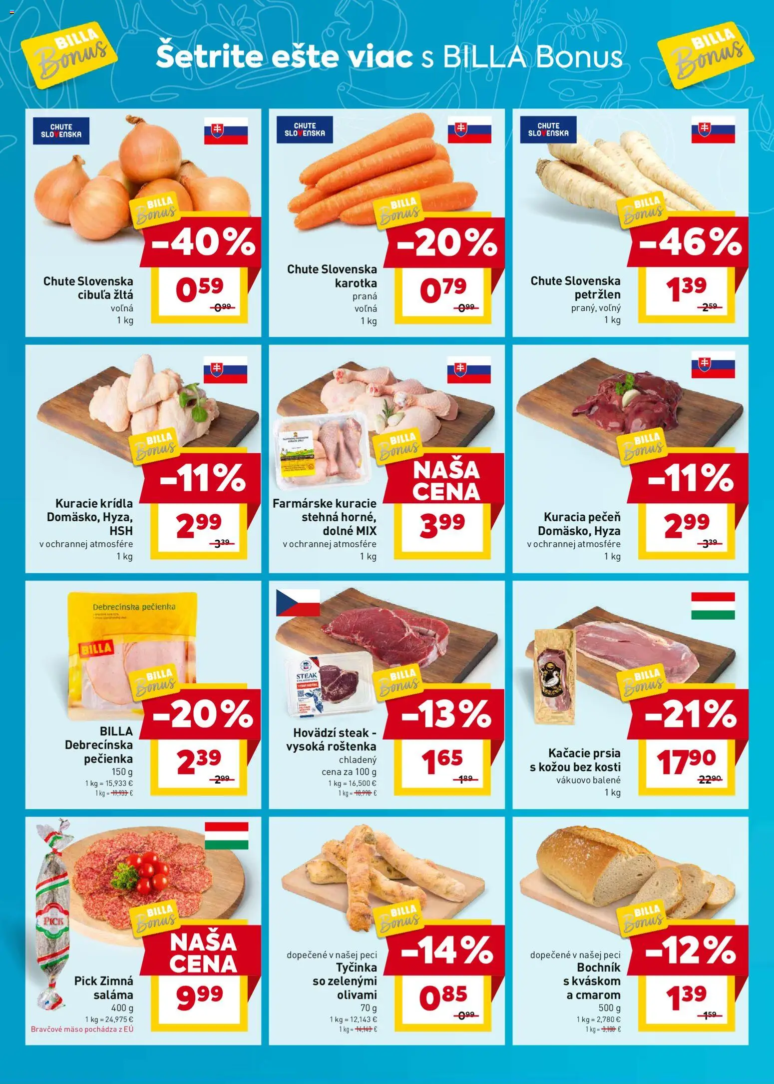 Nové Billa akcie – leták je platný od 07.04.2026 | Strana: 2 | Produkty: Saláma, Steak, Kuracie krídla, Petržlen