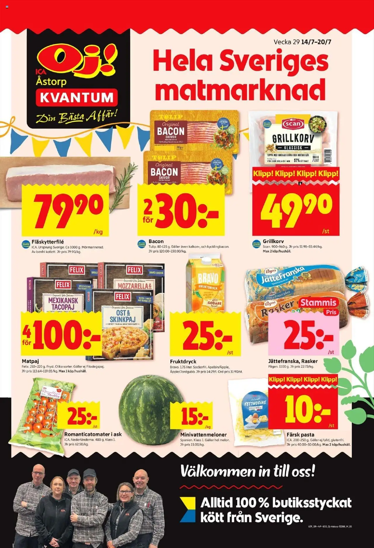 ICA Kvantum reklamblad aktuell från 14.07.2025 | Sida: 1 | Produkter: Bacon, Fläskytterfilé, Ost, Pasta
