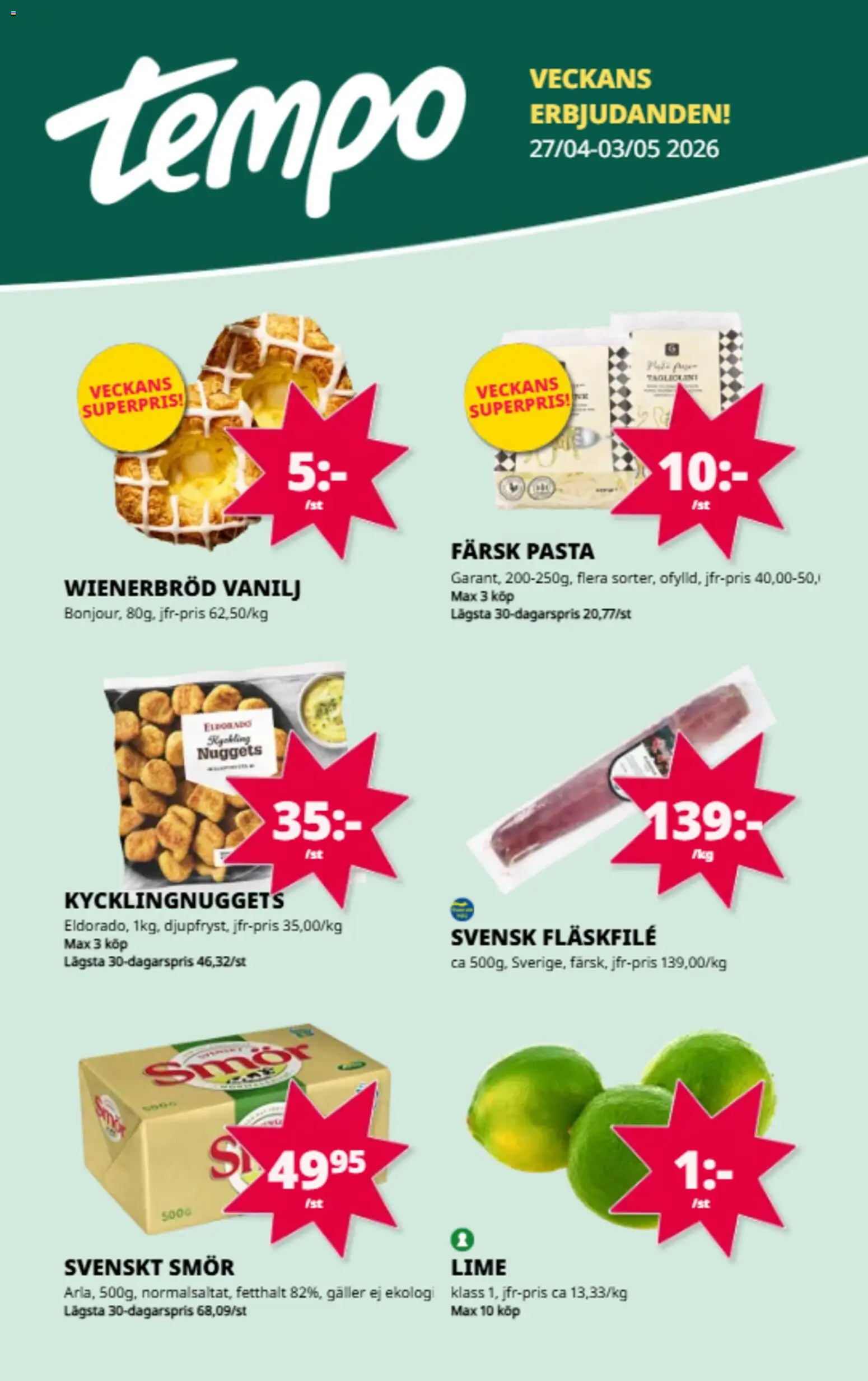 Tempo reklamblad aktuell från 27.04.2026 | Sida: 1 | Produkter: Galler, Smör, Pasta, Lime