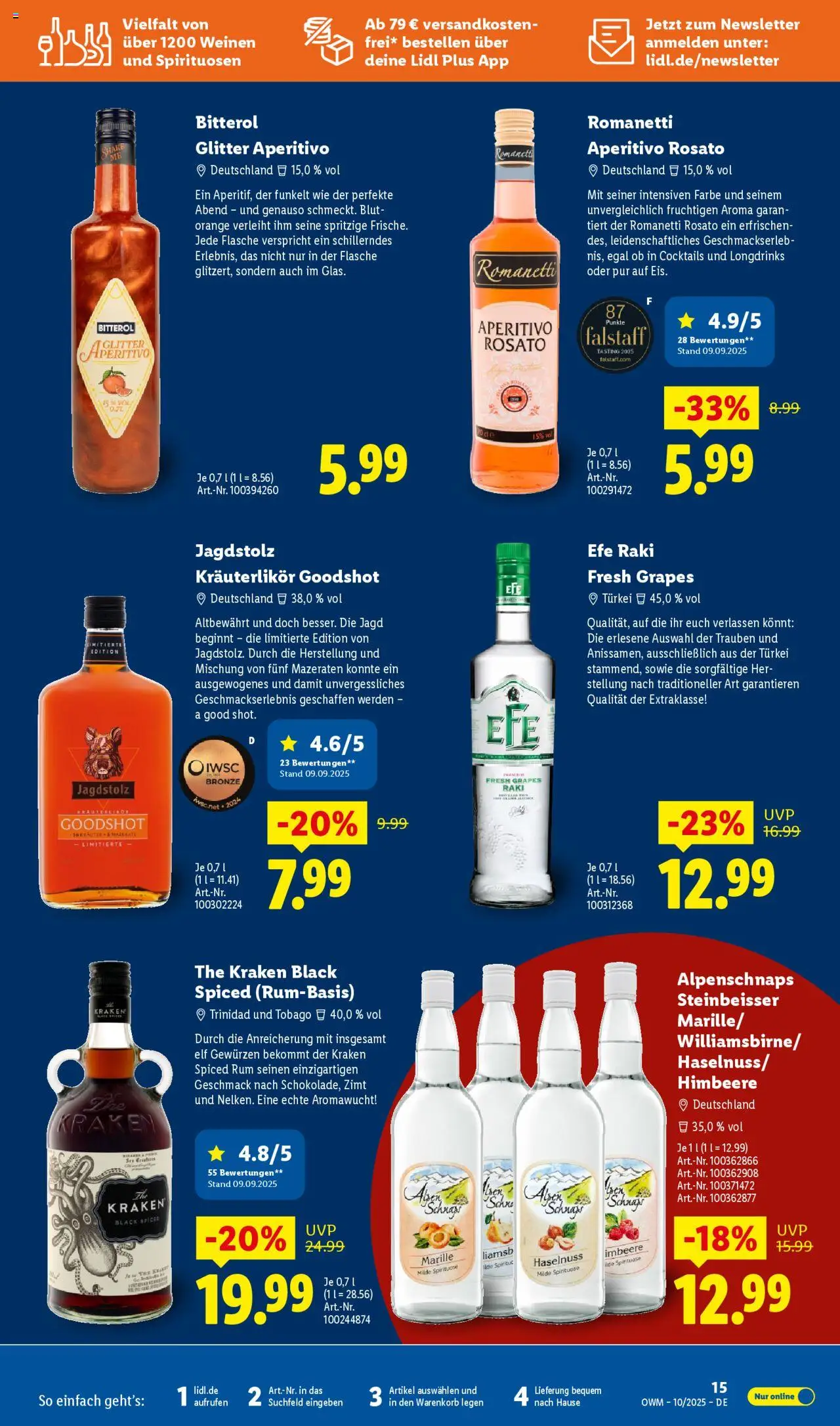 Lidl Wein & Spirituosen im Onlineshop – gültig ab 01.10.2025 | Seite: 15 | Produkte: Trauben, Schnaps, Rum, Himbeere