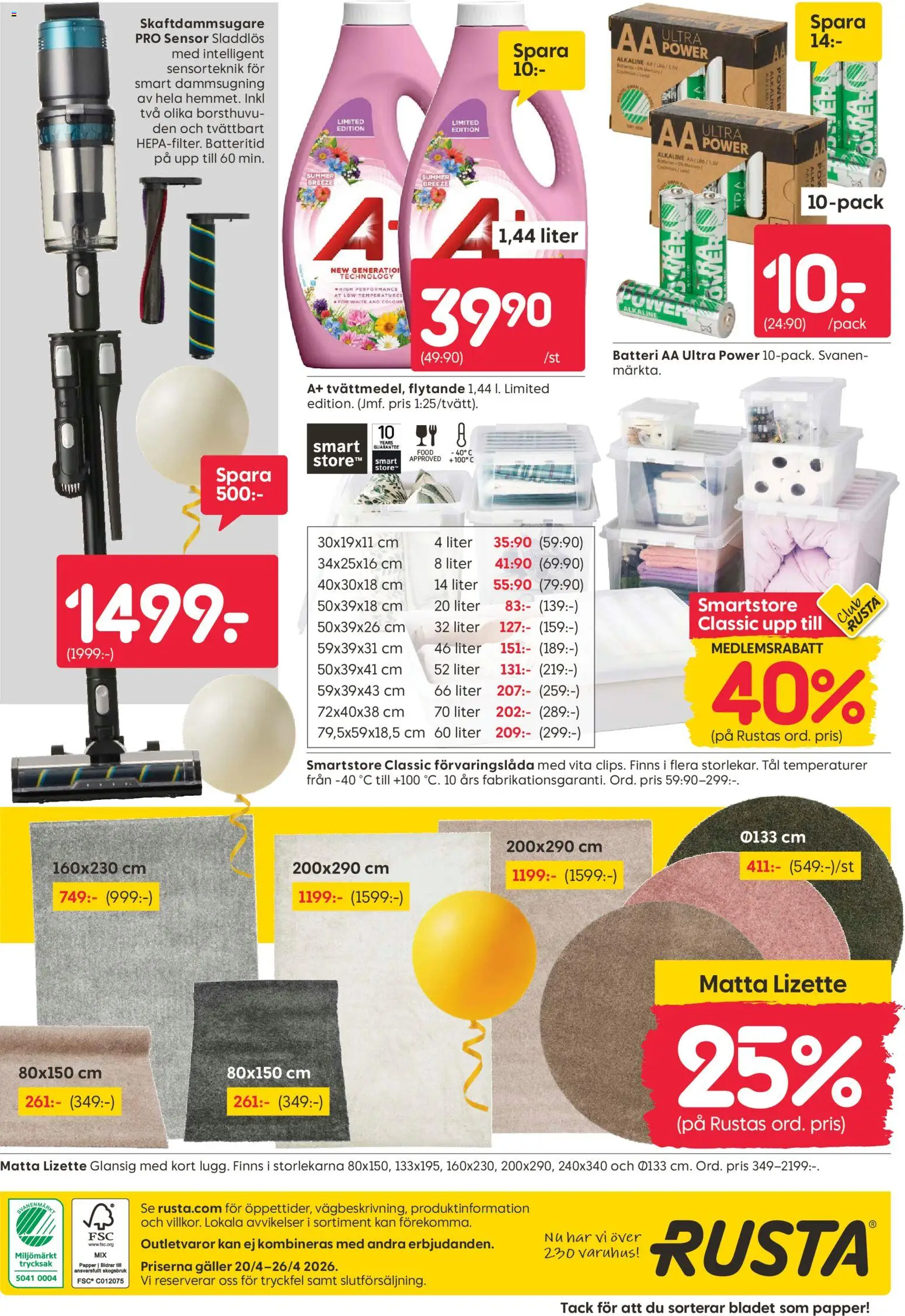 Rusta reklamblad aktuell från 20.04.2026 | Sida: 20 | Produkter: Galler, Batteri, Matta, Skaftdammsugare