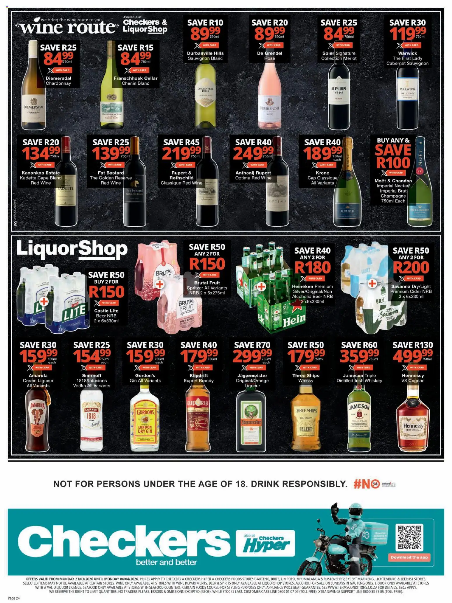 New Checkers catalogue – valid from 23.03.2026 | Page: 24 | Products: Beer, Vodka, Whiskey, Fruit