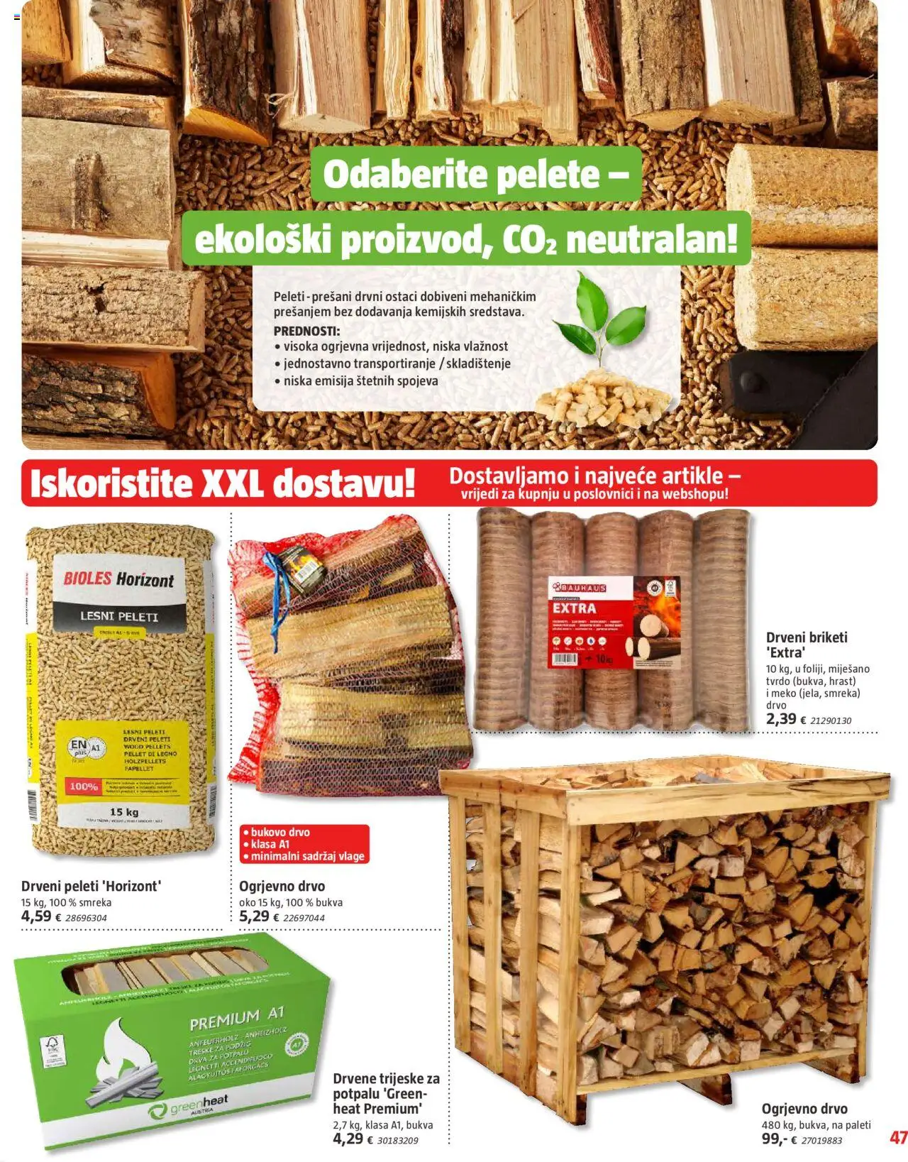 Bauhaus katalog | vrijedi od 01.10.2025 | Stranica: 47 | Proizvodi: Drveni briketi, Peleti, Briketi