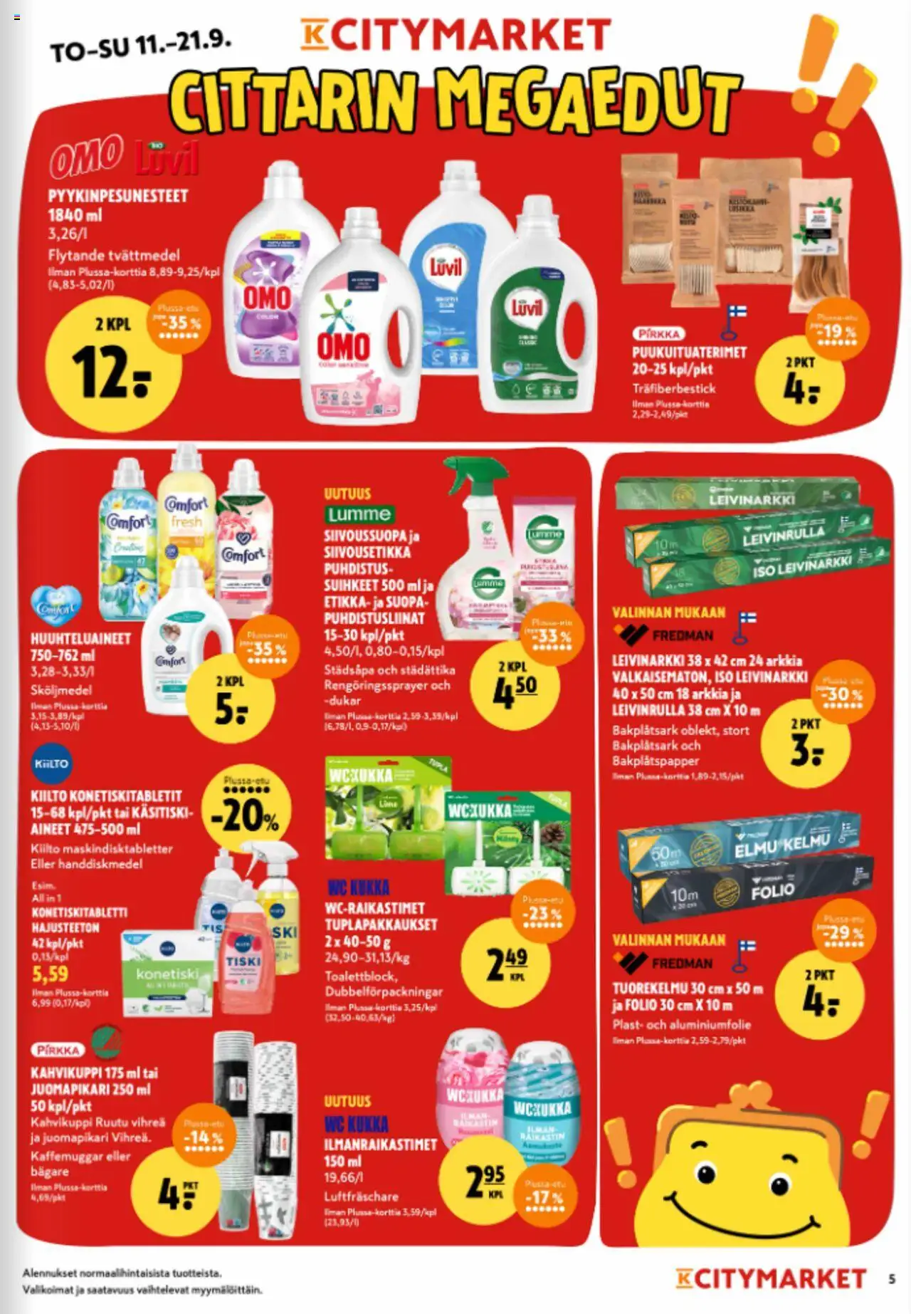 K-Citymarket tarjoukset – voimassa 11.09.2025 alkaen | Sivu: 5 | Tuotteet: Puhdistusliinat, WC, Etikka