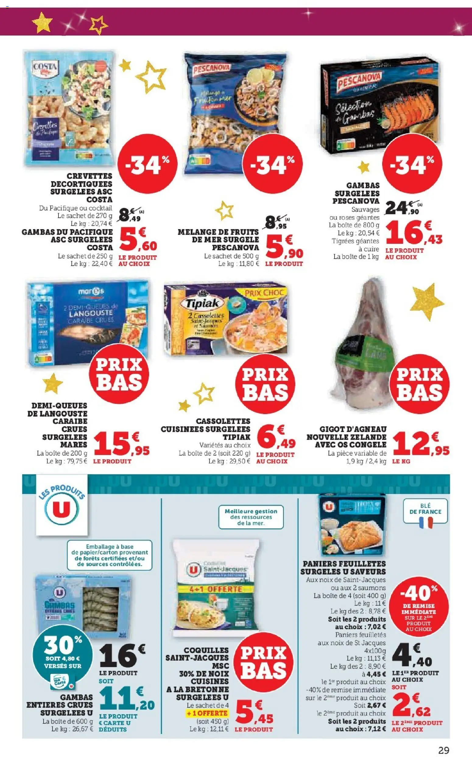 {H1} | Page: 29 | Produits: Gigot d'agneau, Gambas surgelées, Crevettes, Langouste