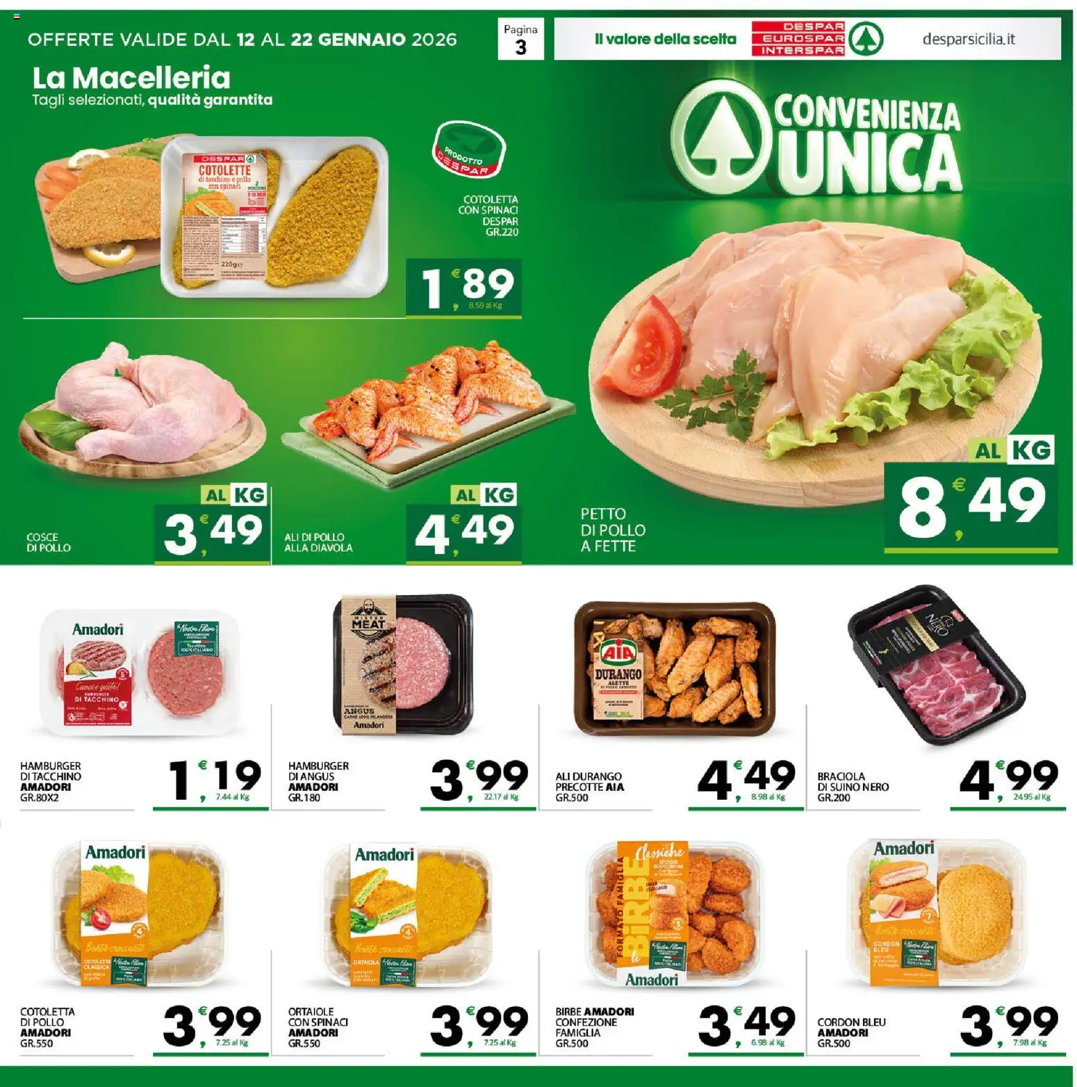 Volantino Interspar del 12.01.2026 | Pagina: 3 | Prodotti: Petto di Pollo, Pollo, Suino, Spinaci
