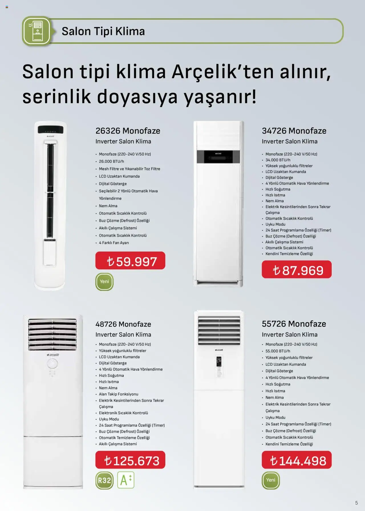 Arçelik İklimlendirme Kataloğu - 16.09.2025 tarihinden itibaren geçerlidir | Sayfa: 5 | Ürünler: Saat, Klima, Fan