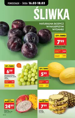 Pogląd oferty "Winogrona jasne bezpestkowe, opak. 400 g, Winogrona jasne bezpestkowe" - ważna od 16.03.2026 | Strona: 28 | Produkty: Winogrona, Melon, Smoczy owoc, Ananas