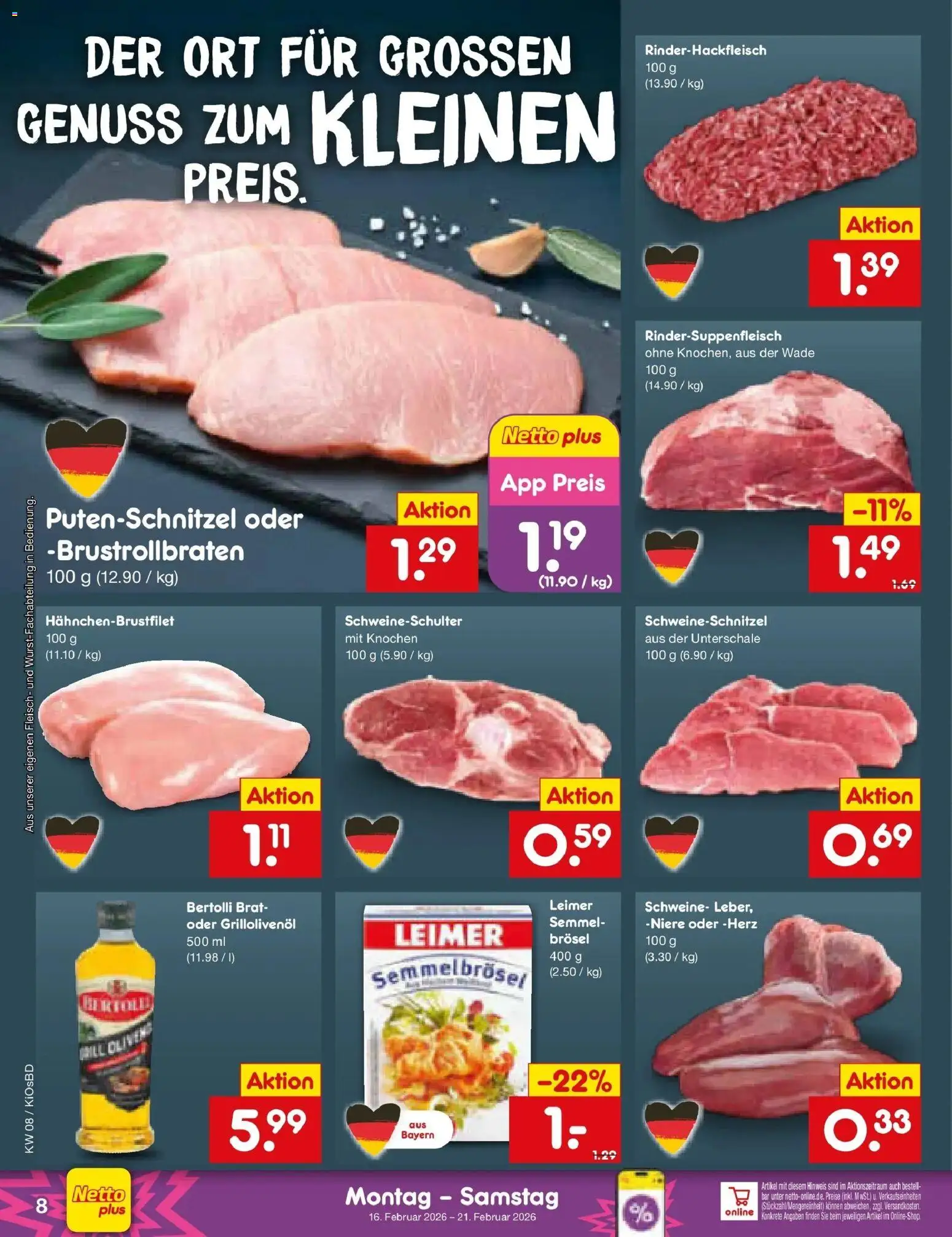 Netto Marken-Discount prospekt Mistelbach	 – gültig ab 16.02.2026 | Seite: 8 | Produkte: Putenschnitzel, Fleisch
