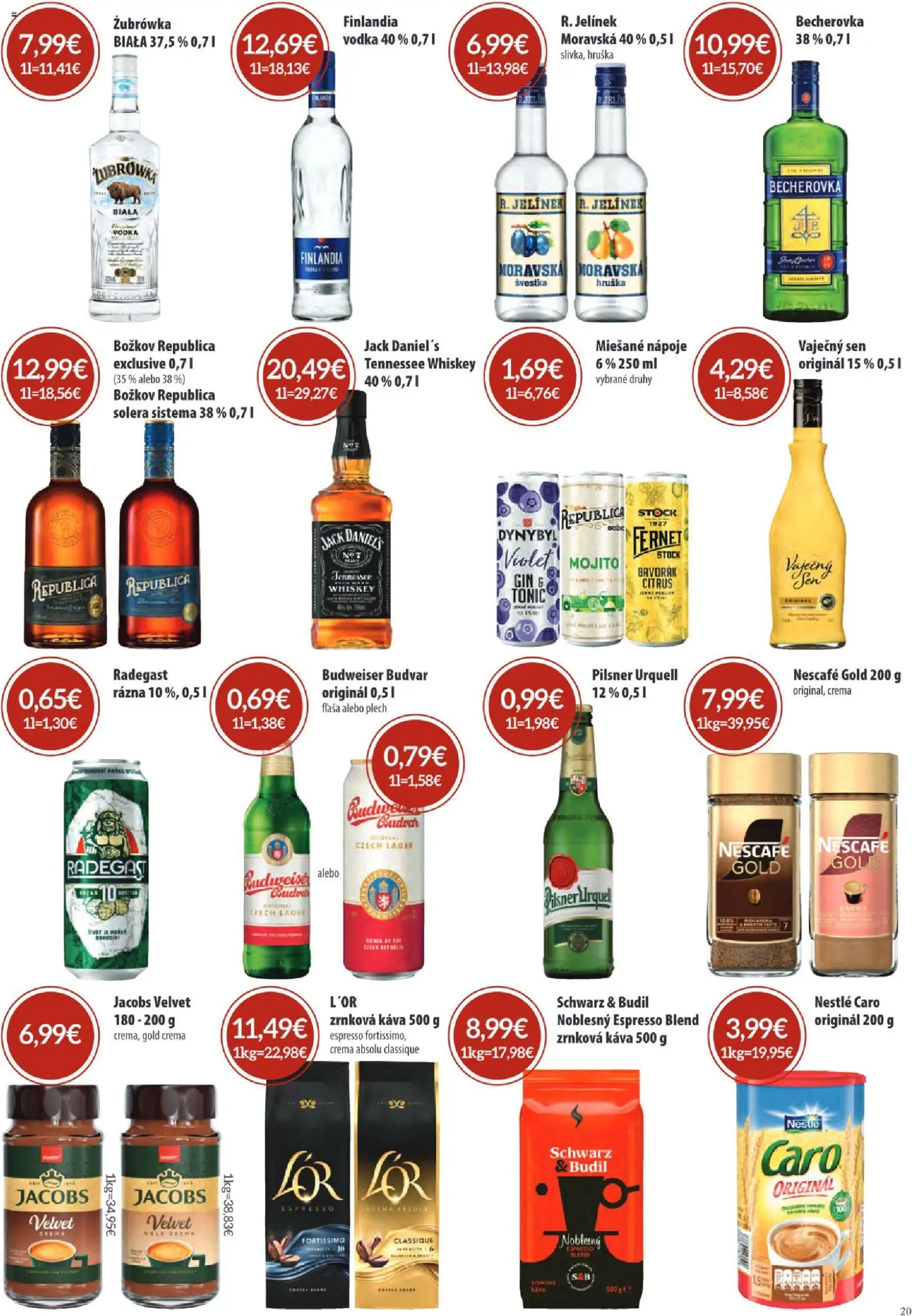 Nové Sintra akcie – leták je platný od 01.04.2026 | Strana: 20 | Produkty: Caro, Gin, Fernet, Jack Daniel's