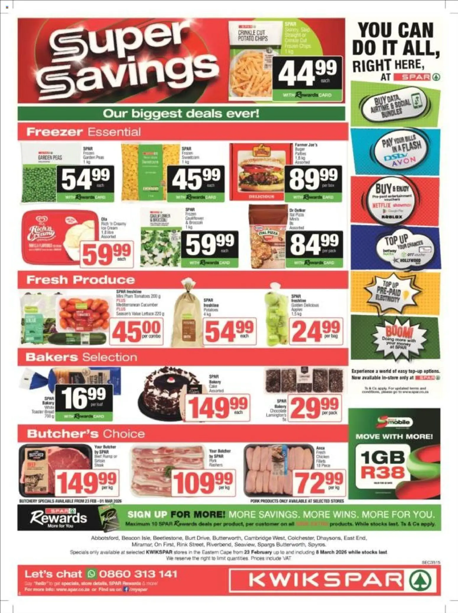 New KWIKSPAR catalogue – valid from 23.02.2026 | Page: 1 | Products: Freezer, Pork, Tomatoes, Chips