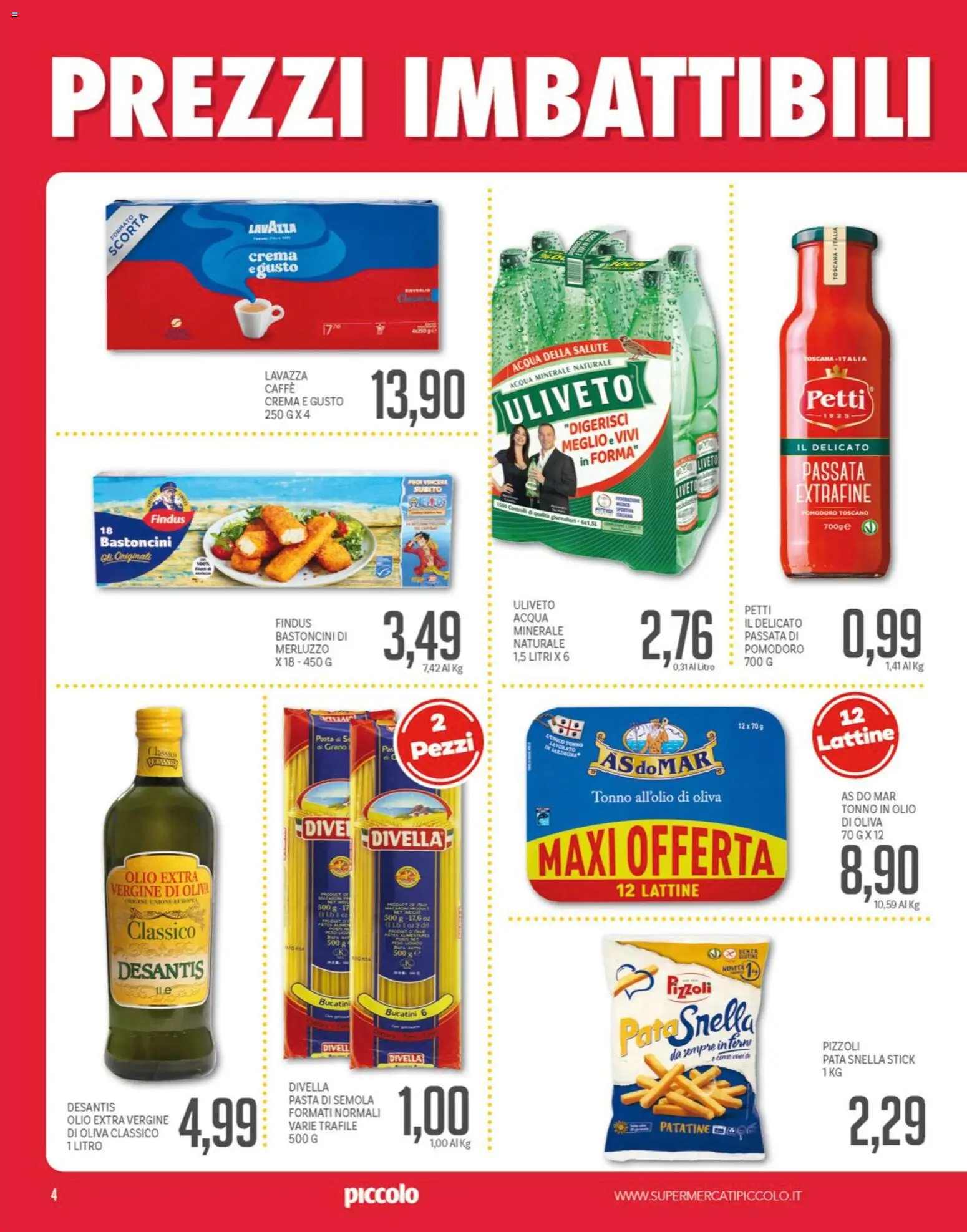 Volantino Piccolo del 19.01.2026 | Pagina: 4 | Prodotti: Crema, Pomodoro, Tonno, Acqua minerale