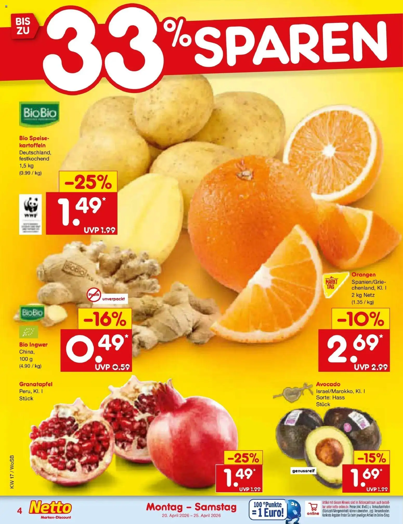 Netto Marken-Discount Prospekt Mannheim	 – gültig ab 20.04.2026 | Seite: 6 | Produkte: Granatapfel, Orangen, Avocado, Kartoffeln