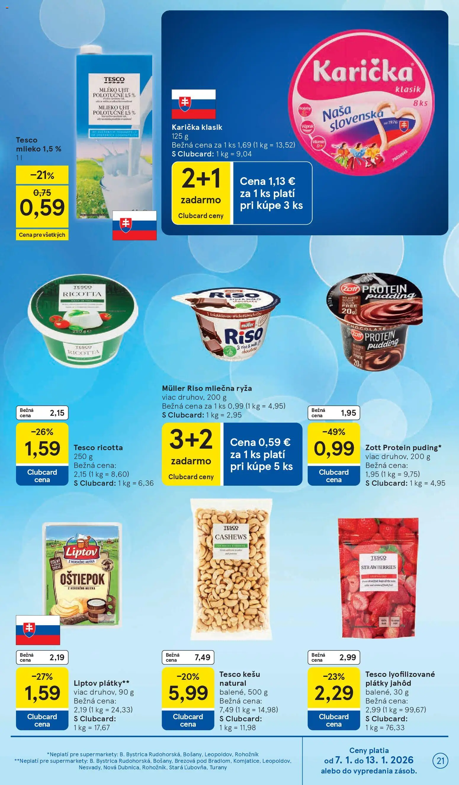 Nové Tesco akcie – leták je platný od 07.01.2026 | Strana: 21 | Produkty: Mlieko, Ryža, Protein