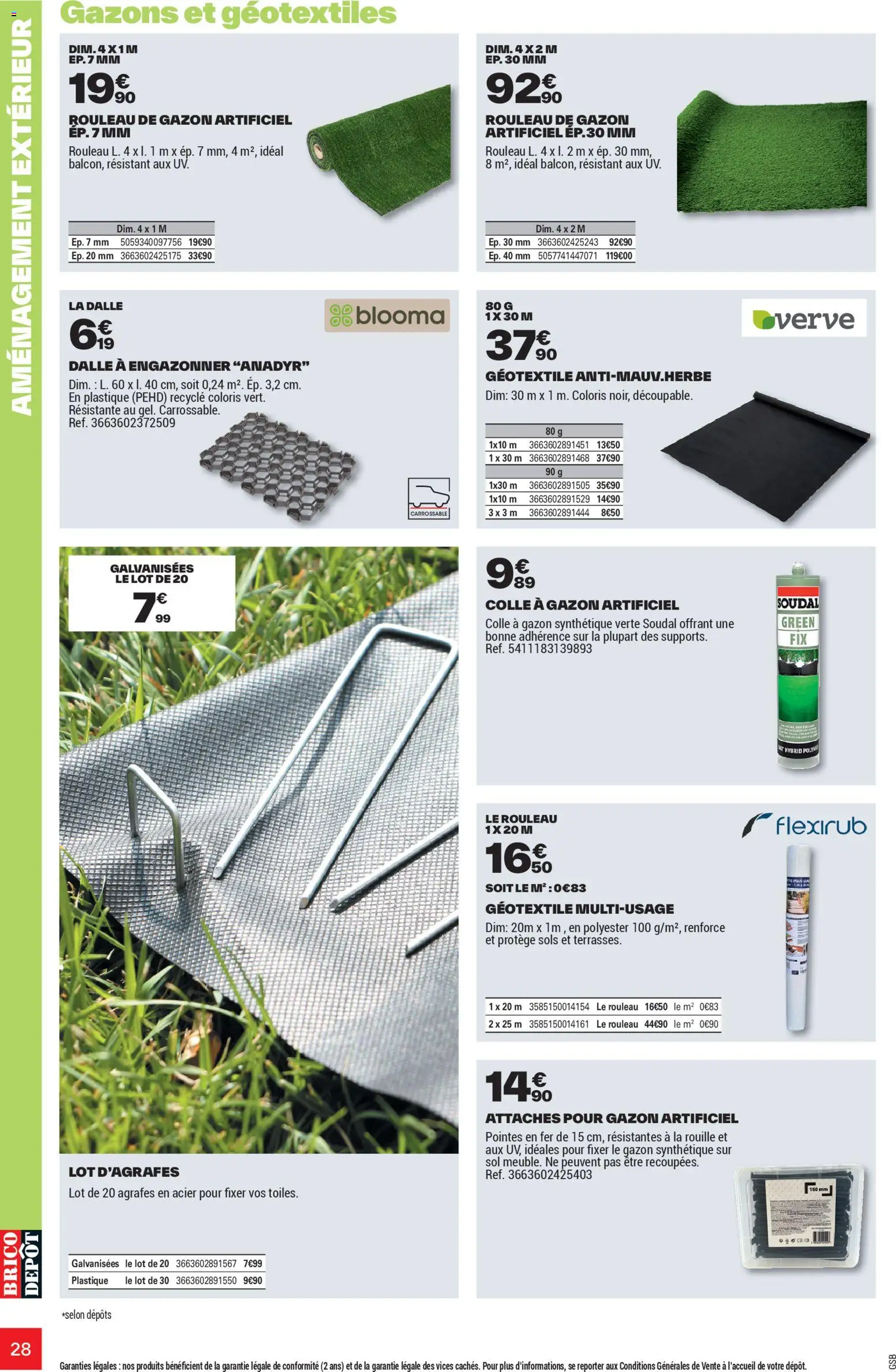 {H1} | Page: 28 | Produits: Rouleau, Gazon synthétique, Colle, Géotextile