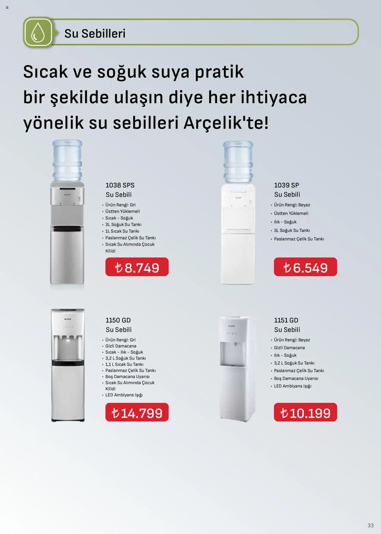 Arçelik İklimlendirme Kataloğu - 16.09.2025 tarihinden itibaren geçerlidir | Sayfa: 31 | Ürünler: Su, Su sebili