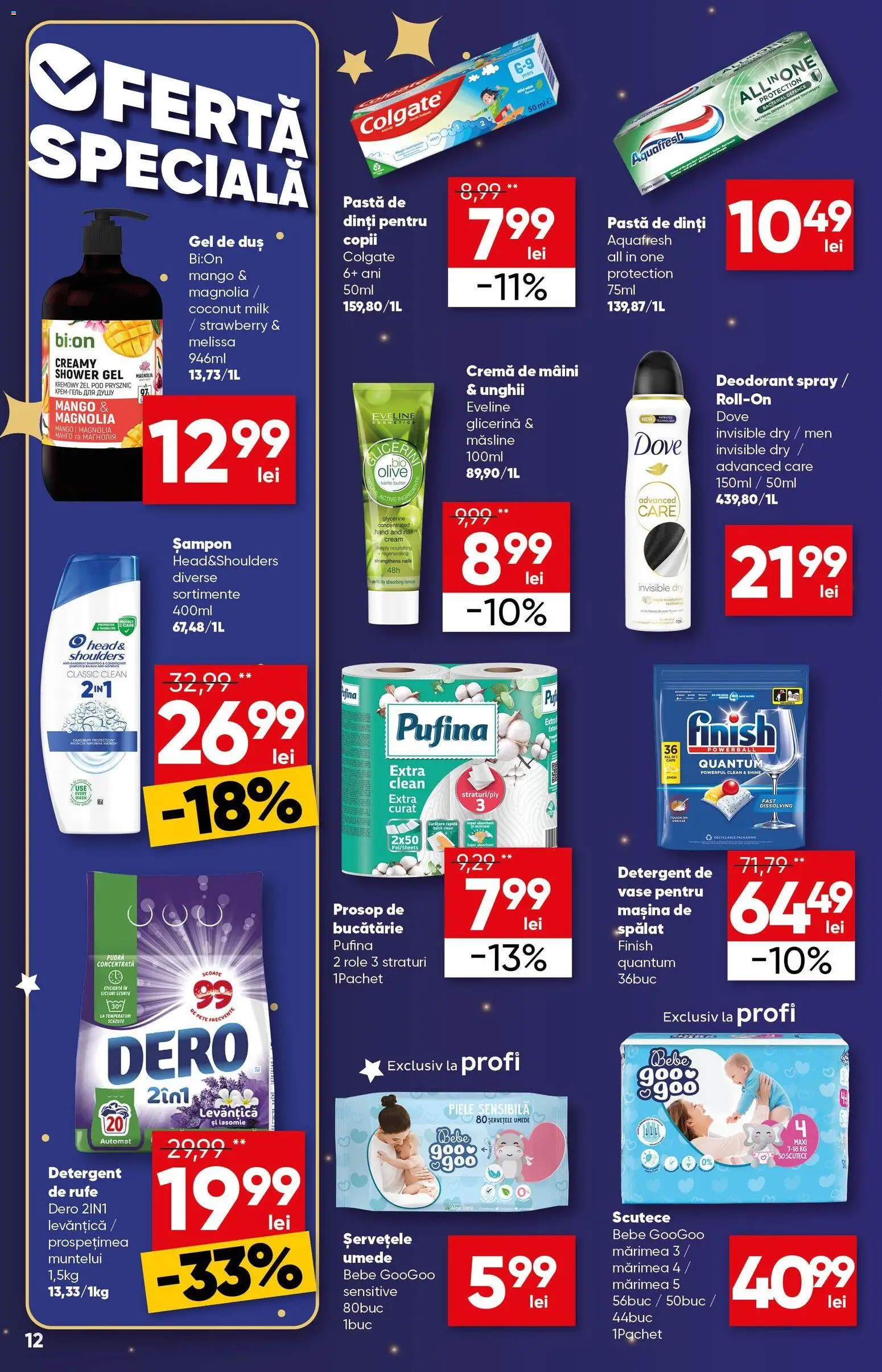 Noul catalog Profi – valabil de la 26.12.2025 | Pagină: 12 | Produse: Detergent de vase, Gel de duș, Pastă de dinți, Scutece