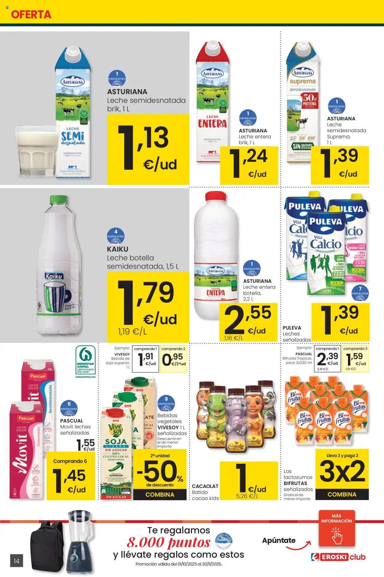 Eroski - Precio más bajo  │ válido desde el 02.10.2025 | Página: 14 | Productos: Leche entera, Leche, Té, Φρυγανιές σικάλεως