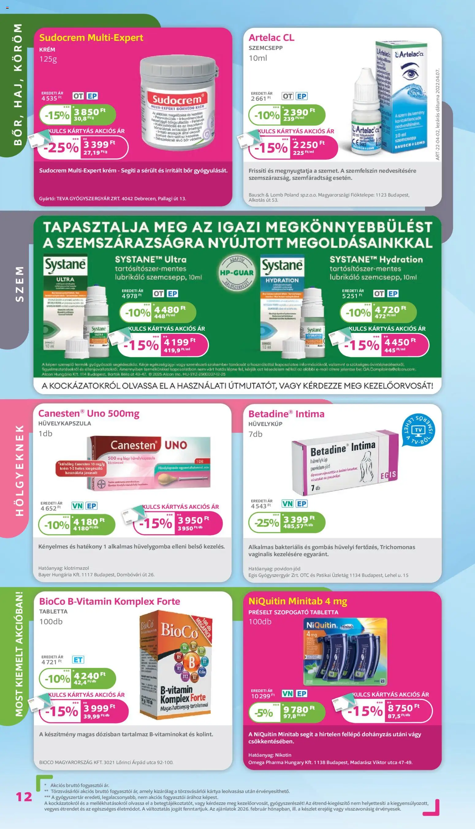 Kulcs Patika akciós ujság - amely érvényes a következő dátumtól: 01.02.2026 | Oldal: 12 | Termékek: Fellépő, Bor