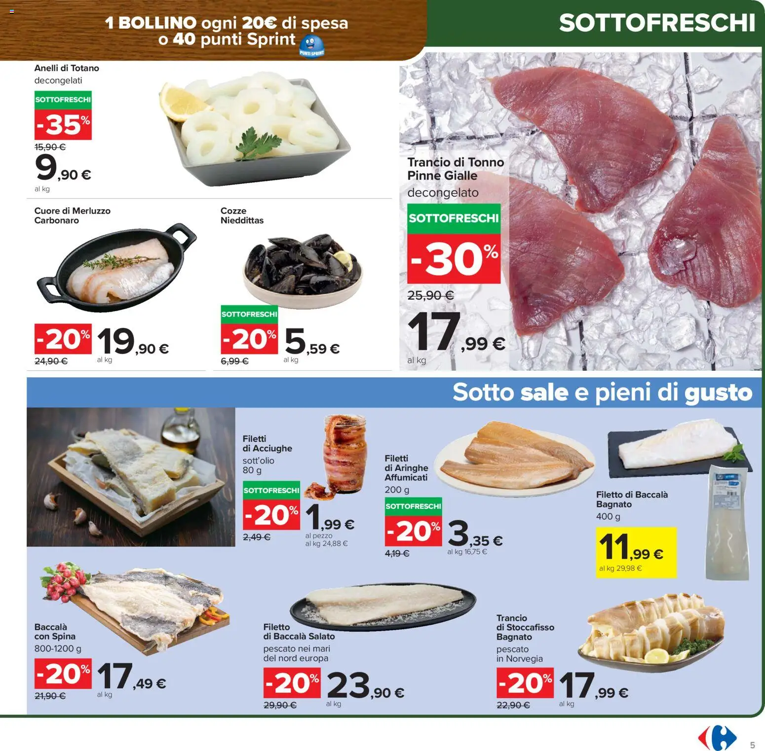 Volantino Carrefour del 15.01.2026 | Pagina: 5 | Prodotti: Merluzzo, Acciughe, Tonno, Totano