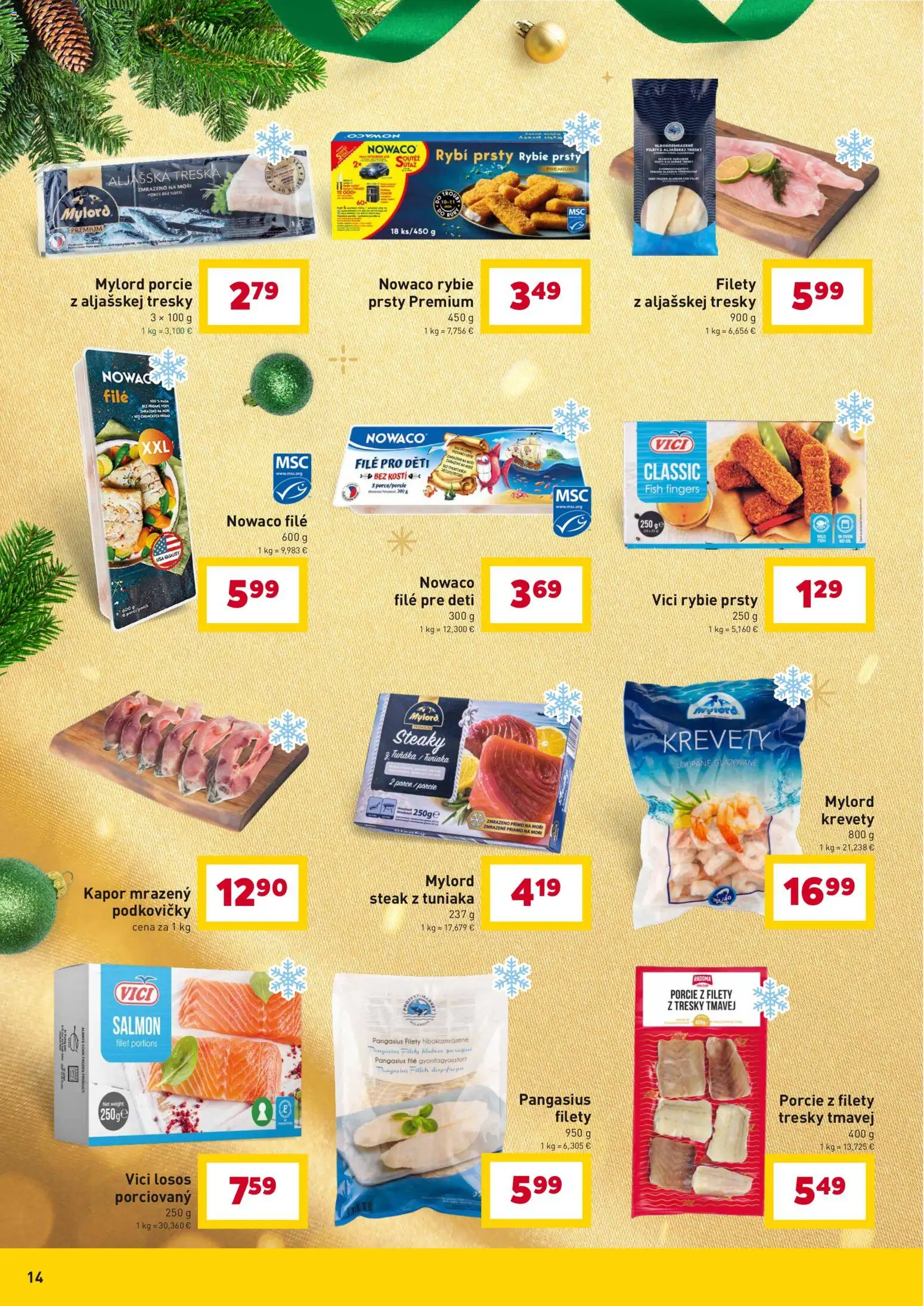 Nové Billa akcie – leták je platný od 10.12.2025 | Strana: 14 | Produkty: Krevety, Losos, Steak, Treska