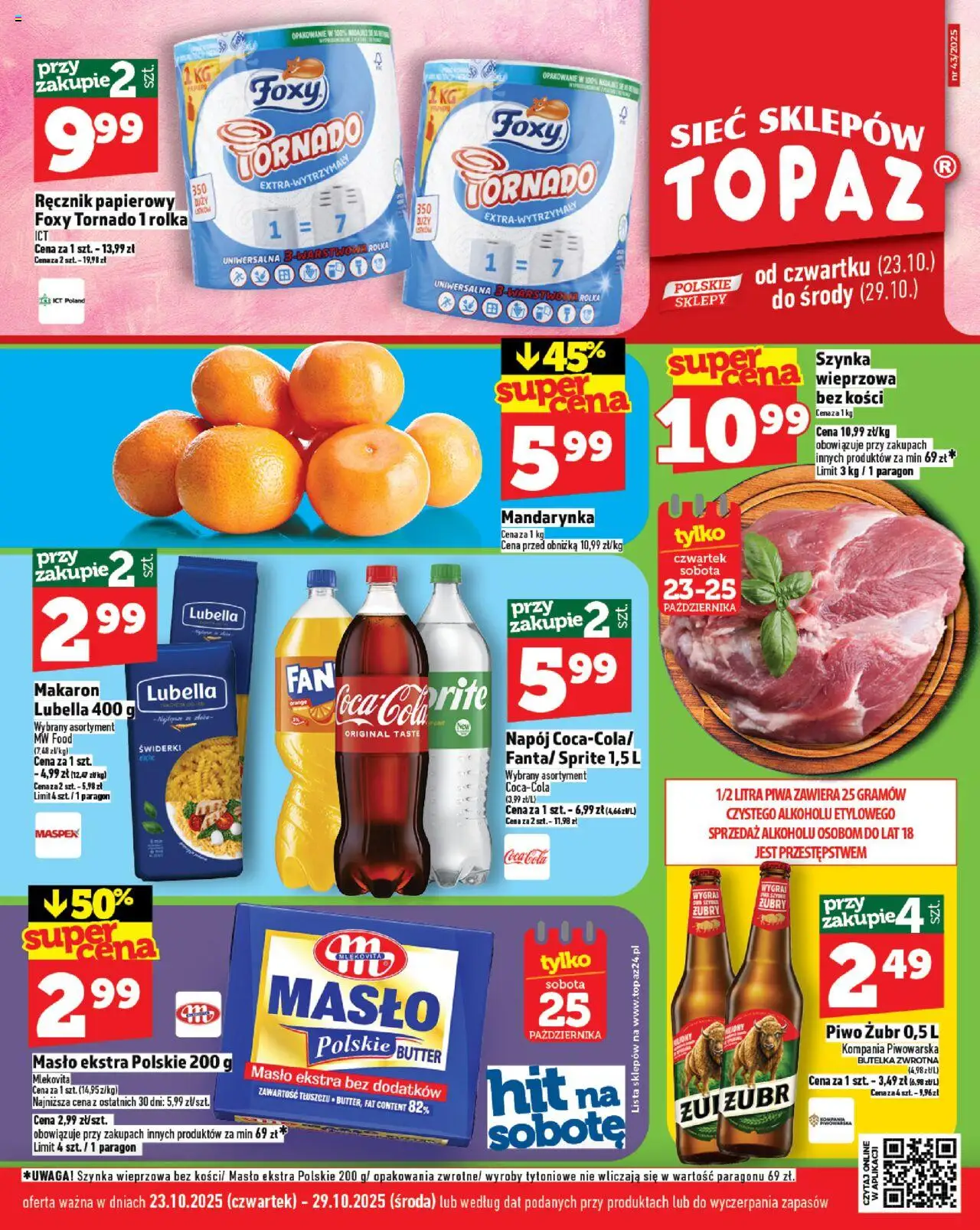 Topaz Gazetka MAZ od 23.10.2025 | Strona: 1 | Produkty: Piwo żubr, Szynka, Piwo, Ręcznik papierowy