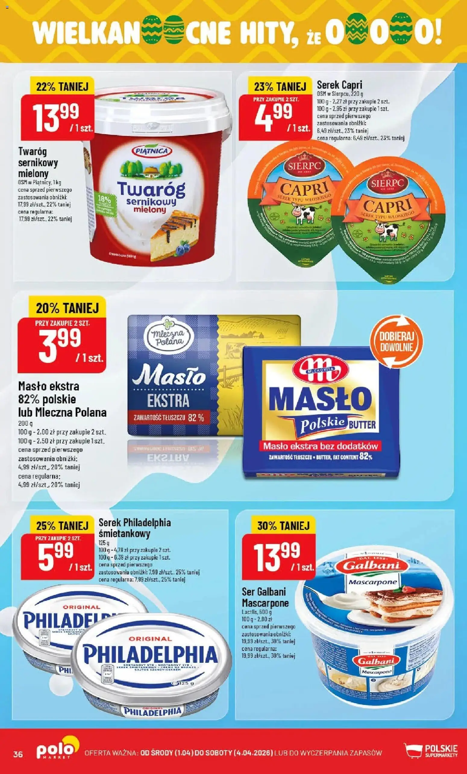 POLOmarket gazetka od 01.04.2026 | Strona: 36 | Produkty: Serek, Mascarpone, Masło, Twaróg