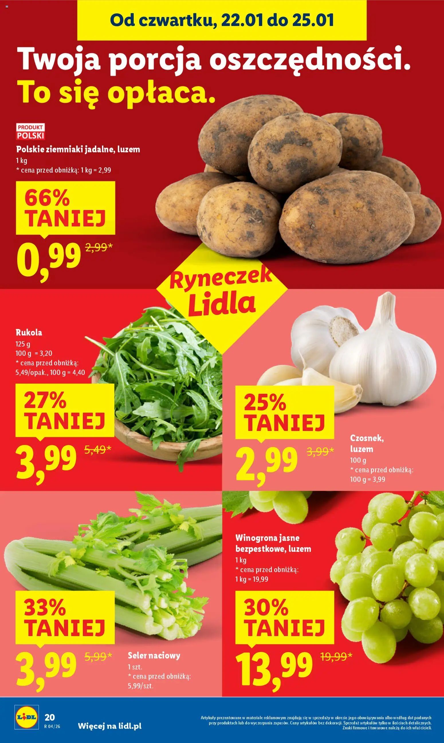Lidl Gazetka od 22.01.2026 | Strona: 20 | Produkty: Winogrona, Seler naciowy, Rukola, Ziemniaki