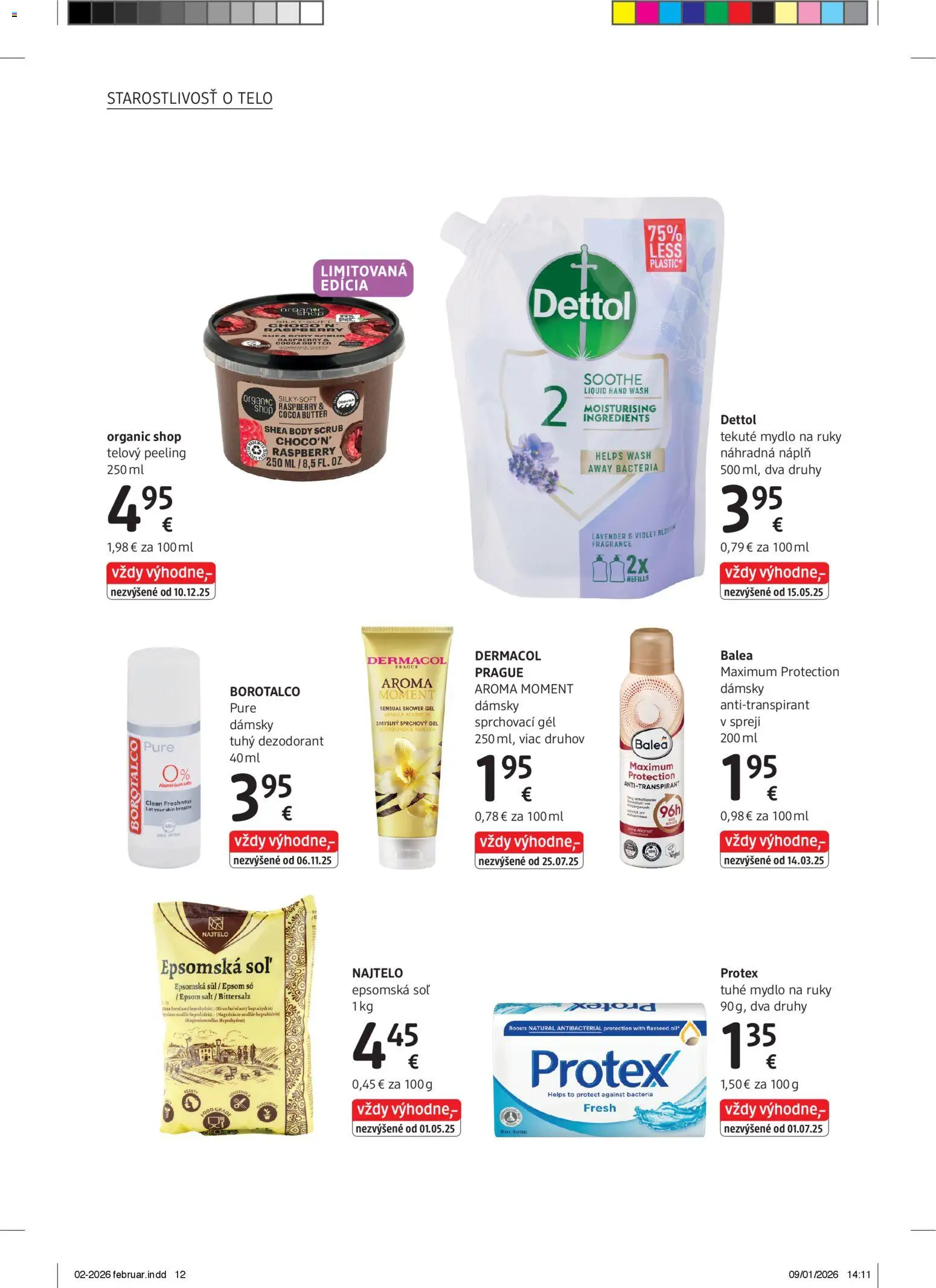 Nové dm drogerie akcie – leták je platný od 01.02.2026 | Strana: 12 | Produkty: Peeling, Sprchový gél, Antiperspirant, Soľ