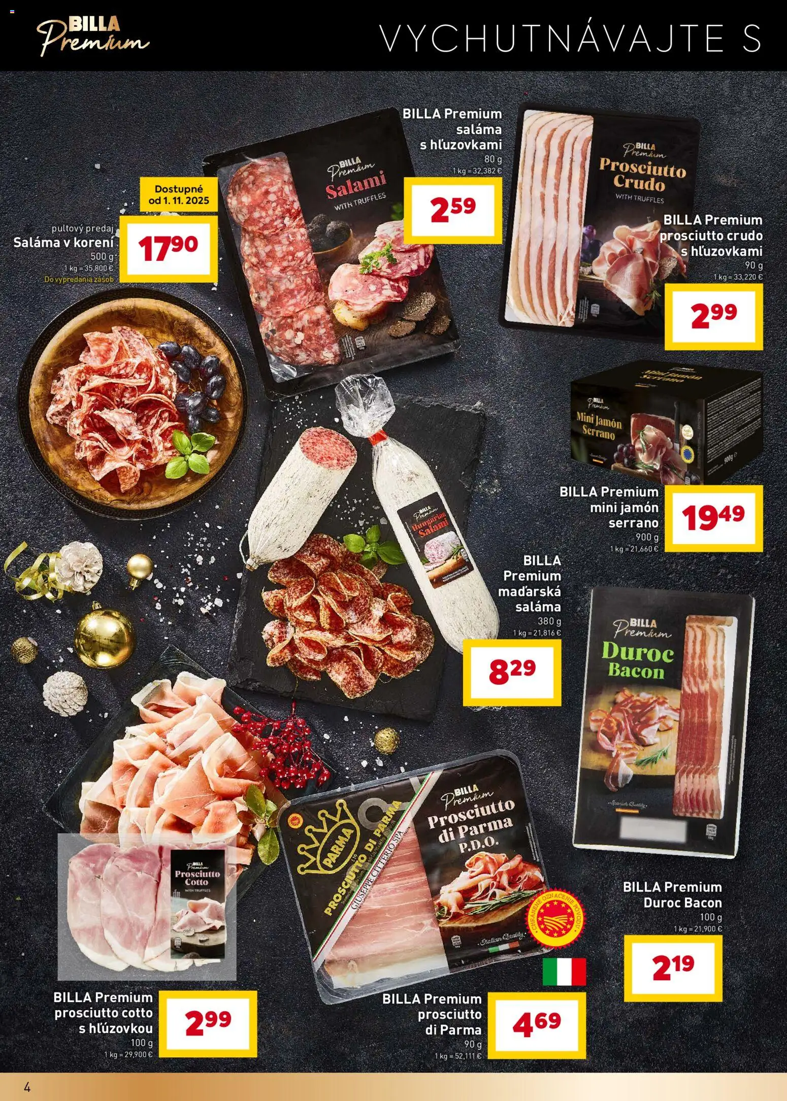 Nové Billa akcie – leták je platný od 19.11.2025 | Strana: 4 | Produkty: Saláma