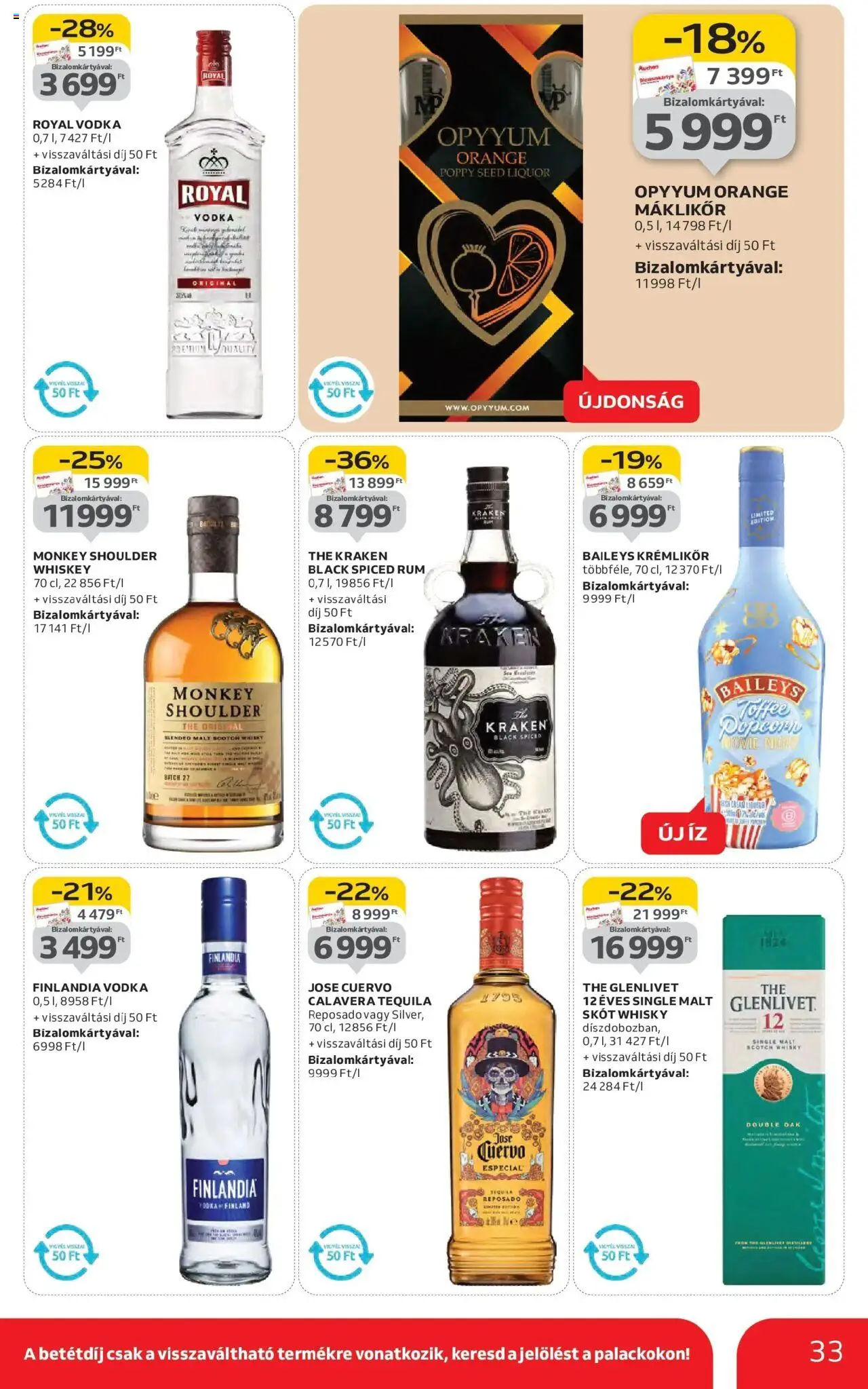 Auchan akciós ujság - amely érvényes a következő dátumtól: 16.10.2025 | Oldal: 33 | Termékek: Whiskey, Krémlikőr, Rum, Vodka
