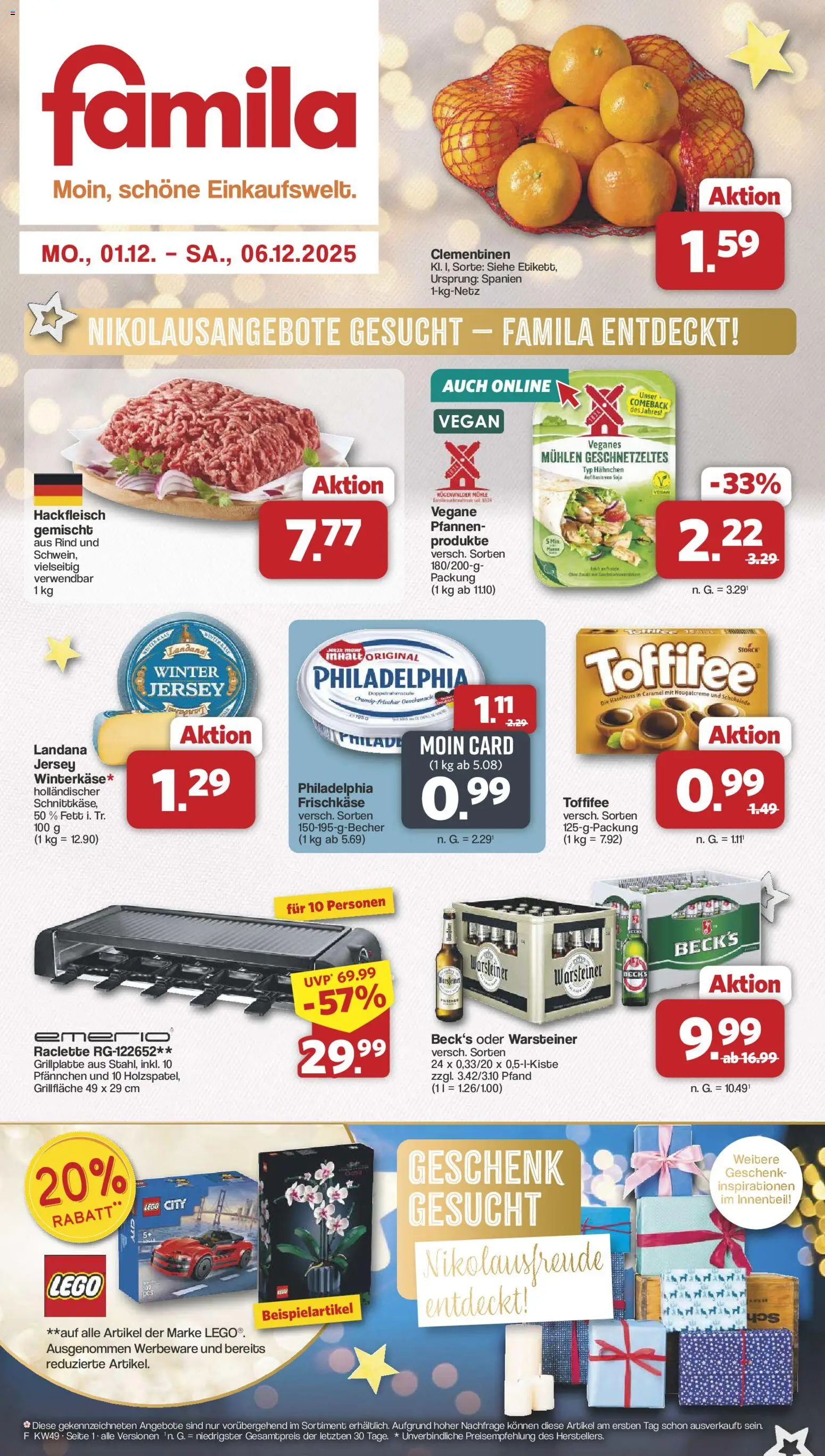 Famila Nordwest Prospekt 	 – gültig ab 01.12.2025 | Seite: 1 | Produkte: Warsteiner, Toffifee, Raclette, Frischkase
