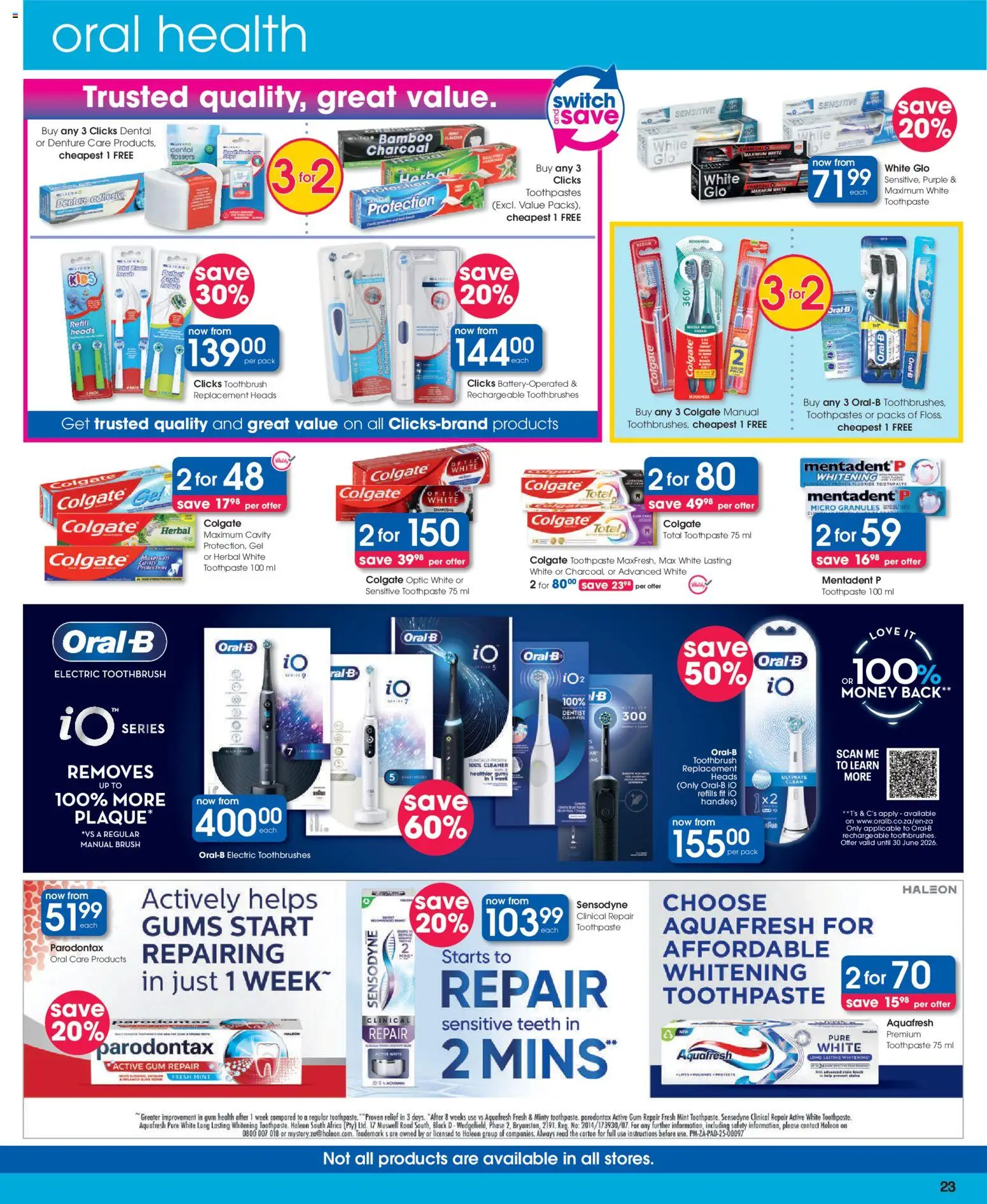 New Clicks catalogue – valid from 25.11.2025 | Page: 23 | Products: Adhesive, Brush, Toothpaste, Toothbrush