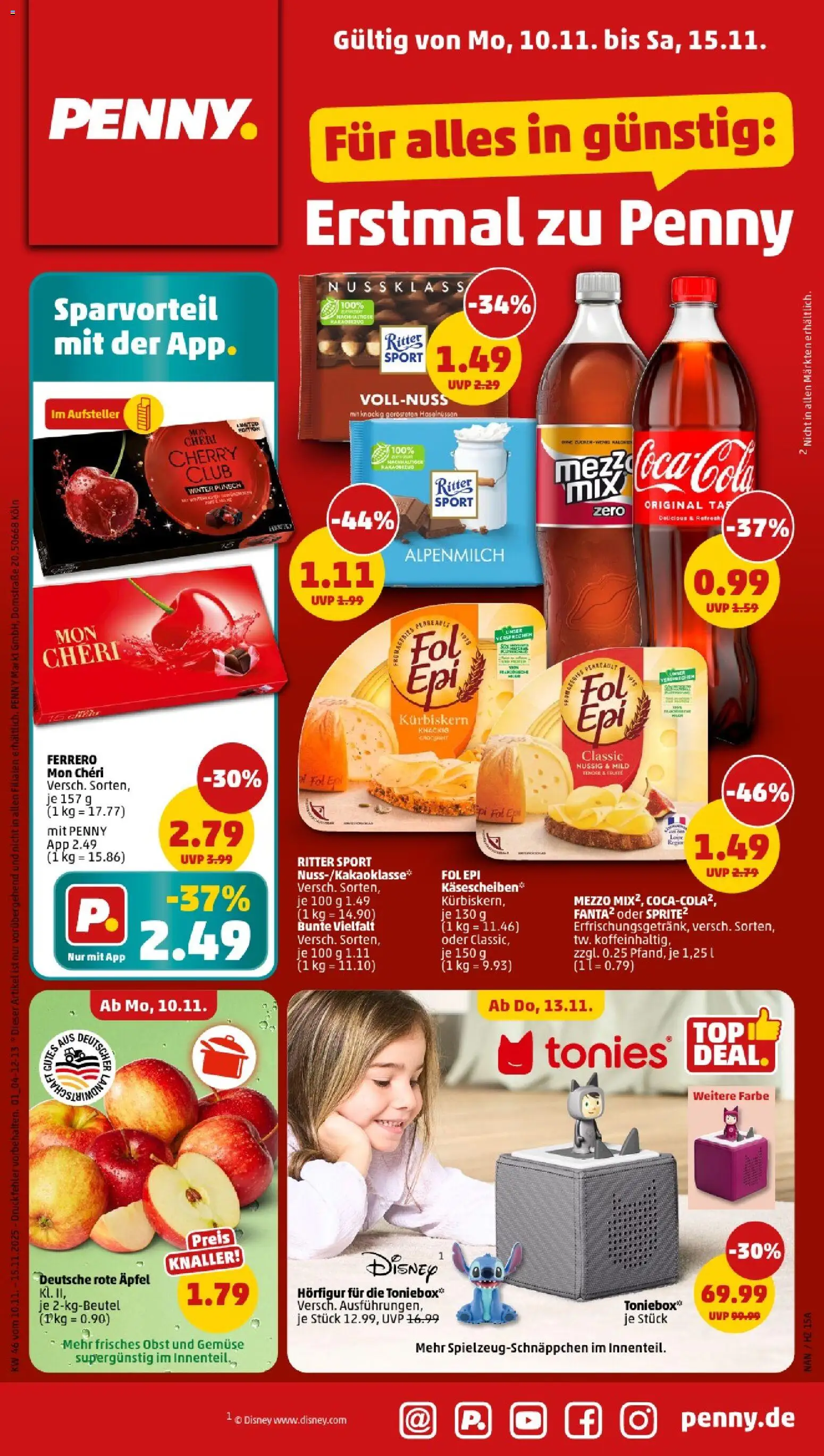Penny - Bayern – gültig ab 10.11.2025 | Seite: 1 | Produkte: Cola, Ritter sport, Äpfel, Obst