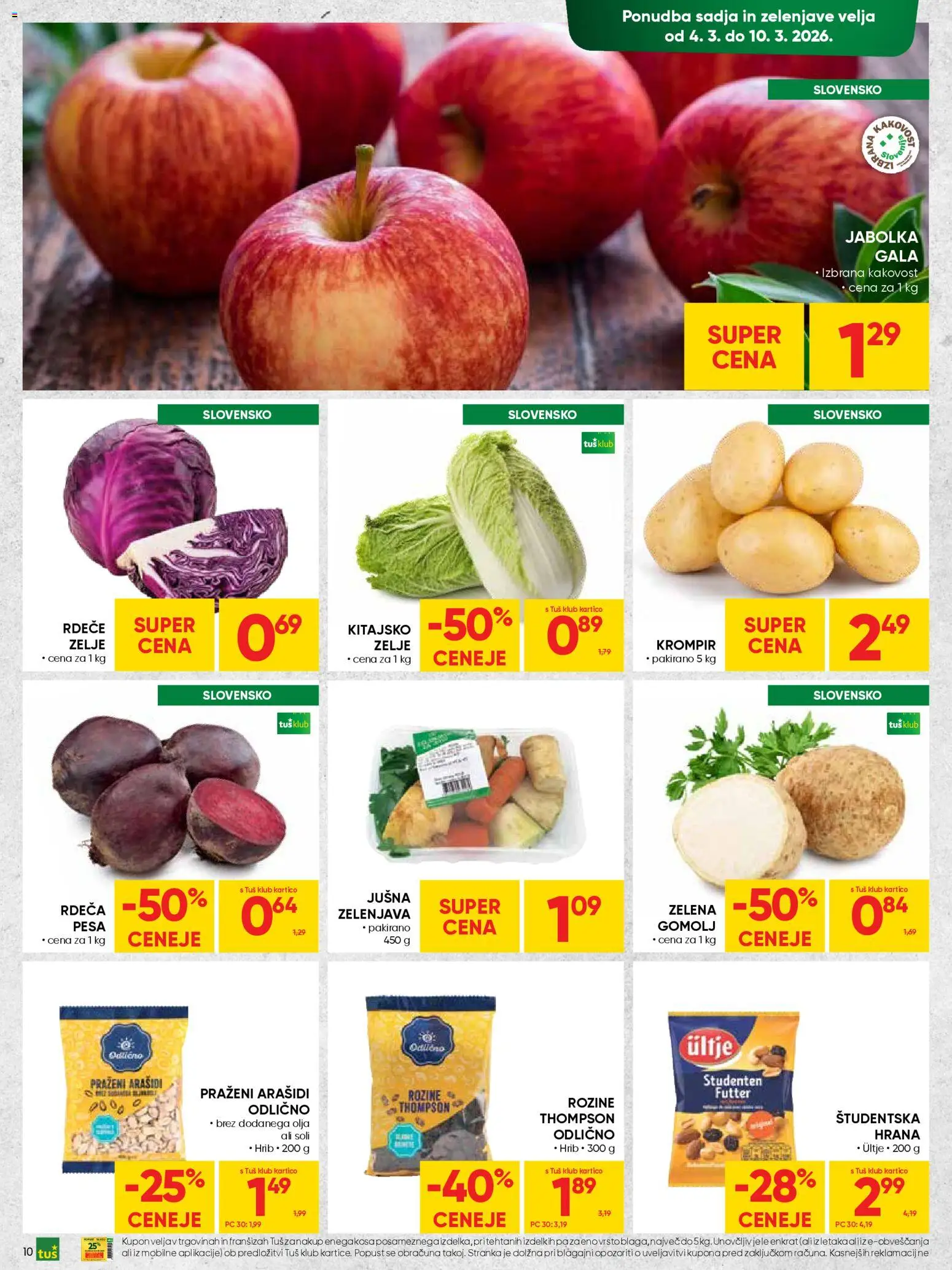 Novi Tuš katalog ponudbe – veljaven od 04.03.2026 | Stran: 10 | Izdelki: Jabolka, Rozine, Pesa, Zelje
