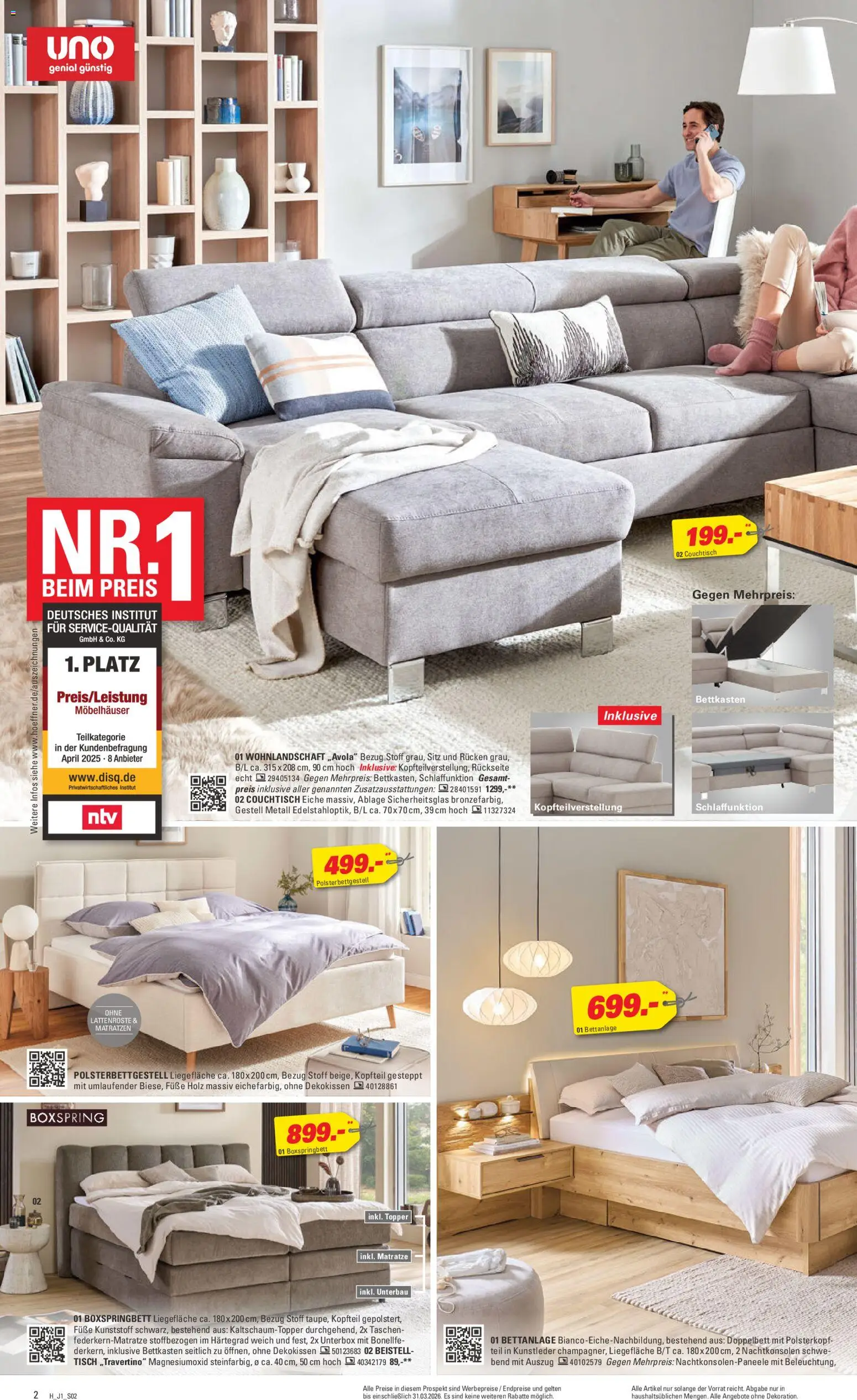 Höffner Prospekt 	 – gültig ab 25.03.2026 | Seite: 2 | Produkte: Wohnlandschaft, Boxspringbett, Tisch, Topper