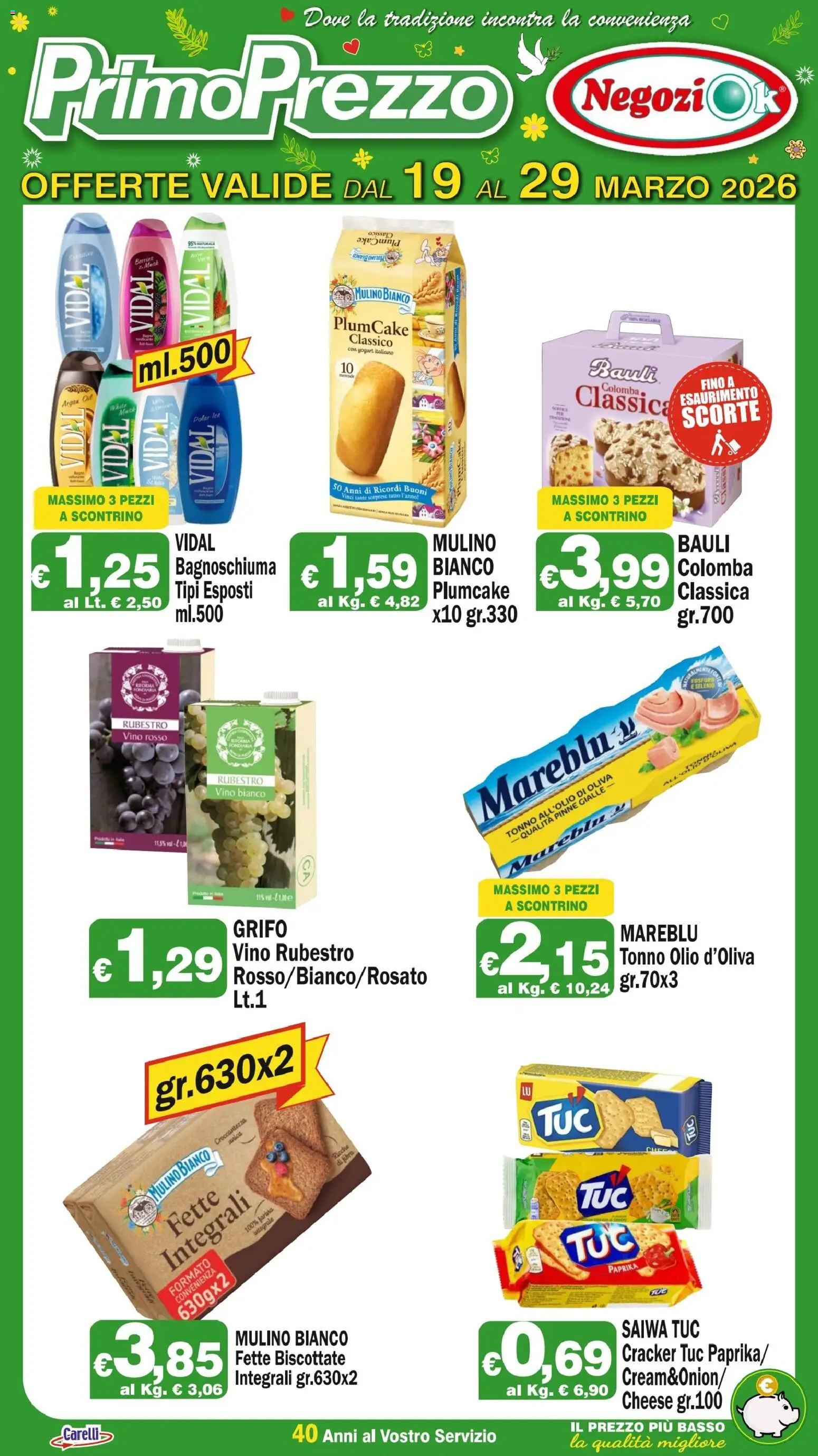 Volantino Primo Prezzo del 19.03.2026 | Pagina: 2 | Prodotti: Pinne, Plumcake, Fette biscottate, Vino bianco