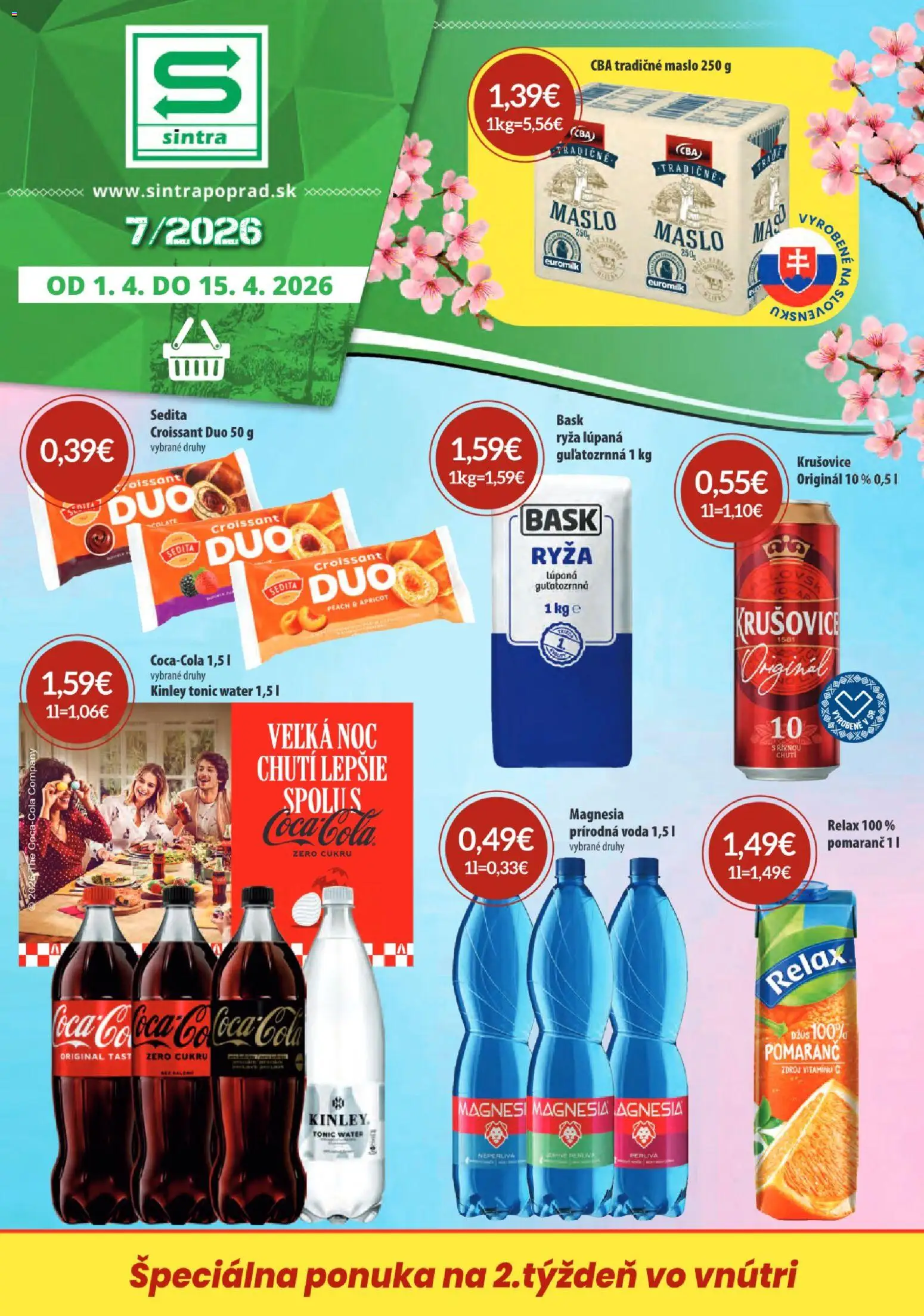 Nové Sintra akcie – leták je platný od 01.04.2026 | Strana: 1 | Produkty: Ryža, Croissant, Krušovice, Magnesia