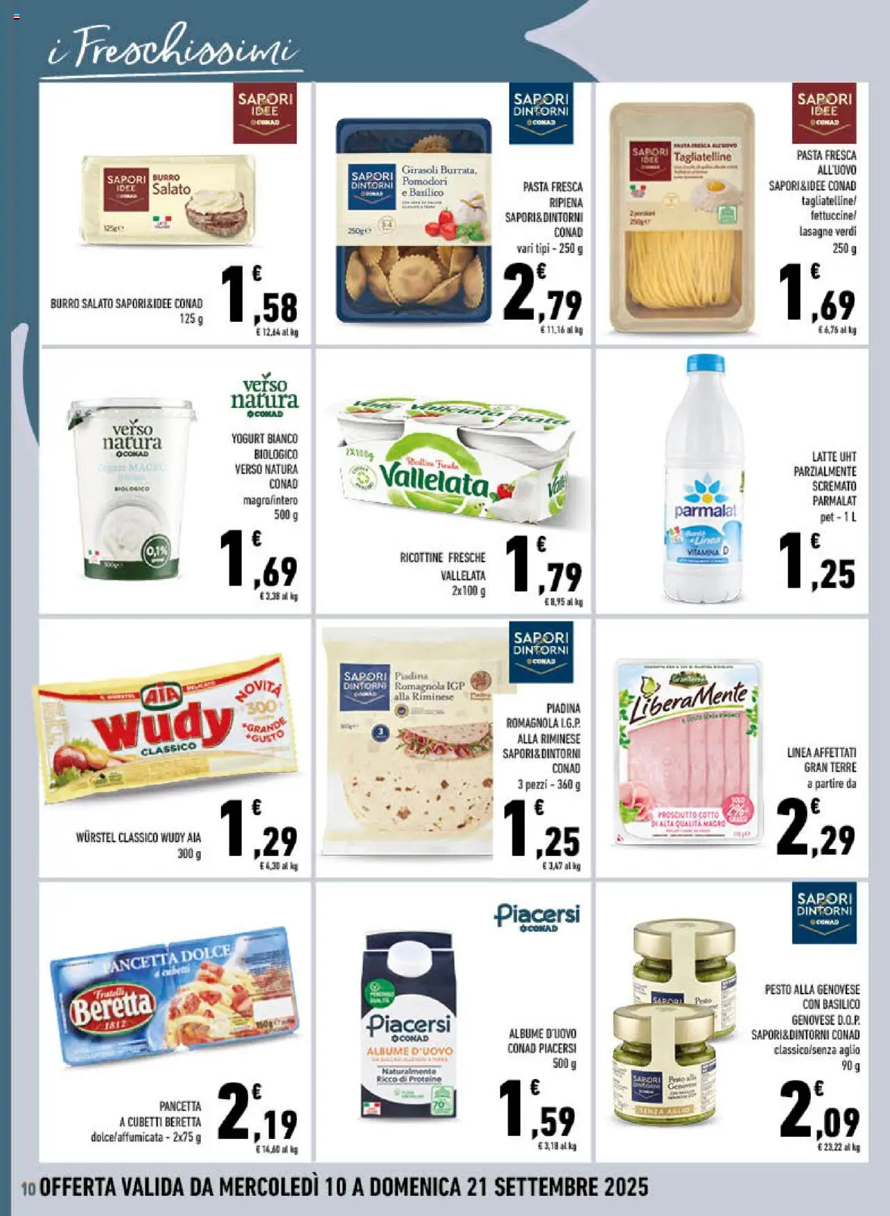 Volantino Conad del 10.09.2025 | Pagina: 10 | Prodotti: Pancetta, Latte, Basilico, Piadina