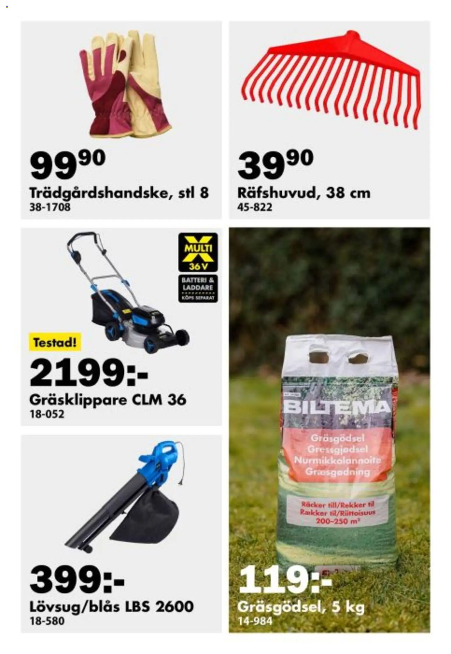 Biltema reklamblad aktuell från 30.03.2026 | Sida: 7 | Produkter: Gräsklippare, Batteri, Laddare