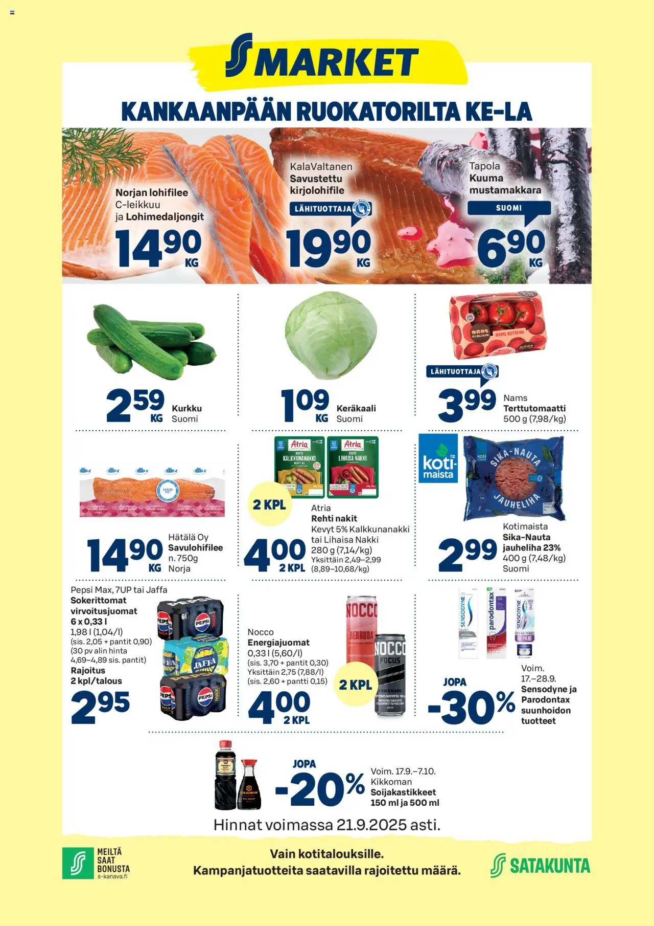 S-market Kankaanpää – voimassa 17.09.2025 alkaen | Sivu: 1 | Tuotteet: Jauheliha, Virvoitusjuomat, Nakit, Keräkaali