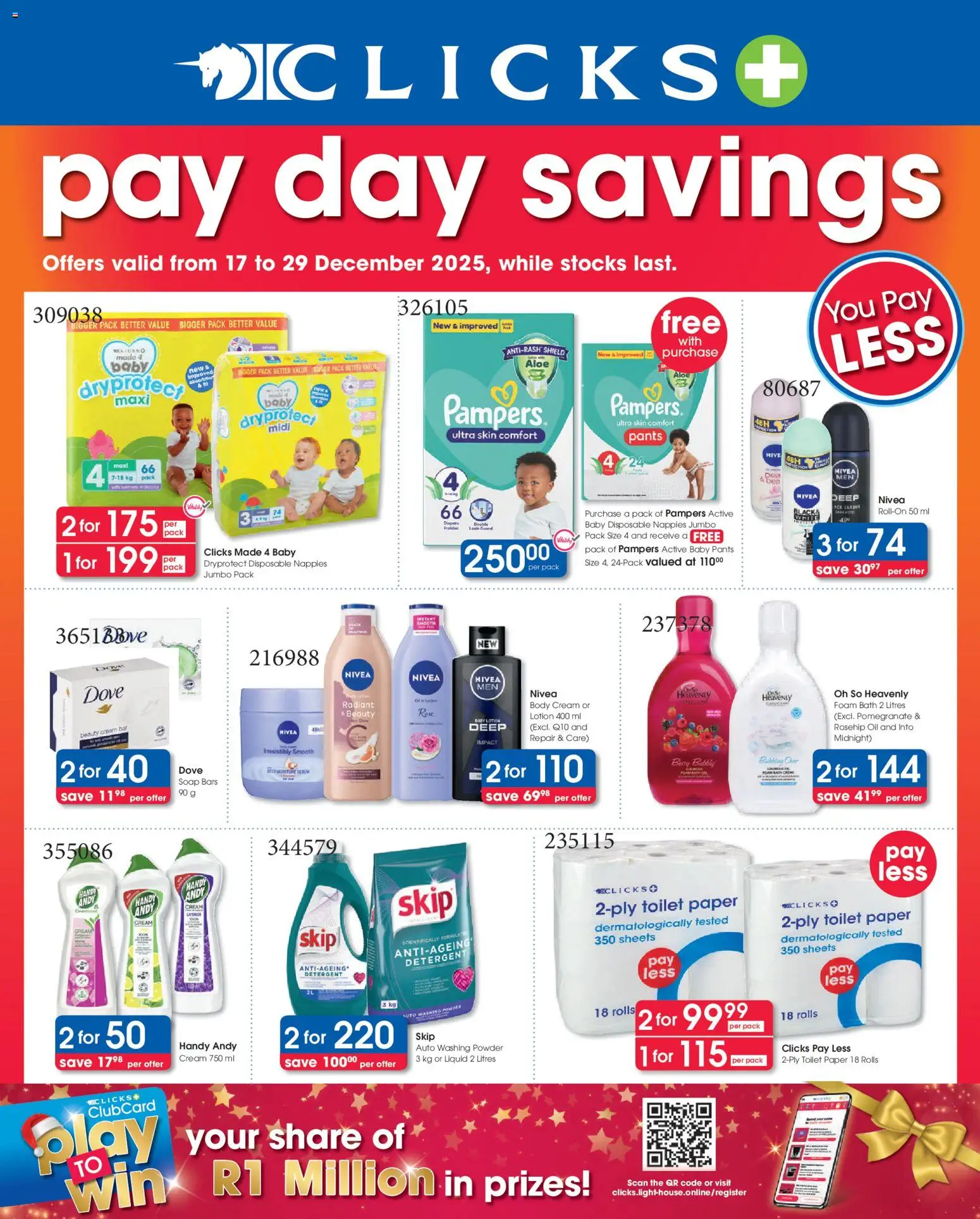 New Clicks catalogue – valid from 17.12.2025 | Page: 1 | Products: Oil, Cream, Washing powder, Paper