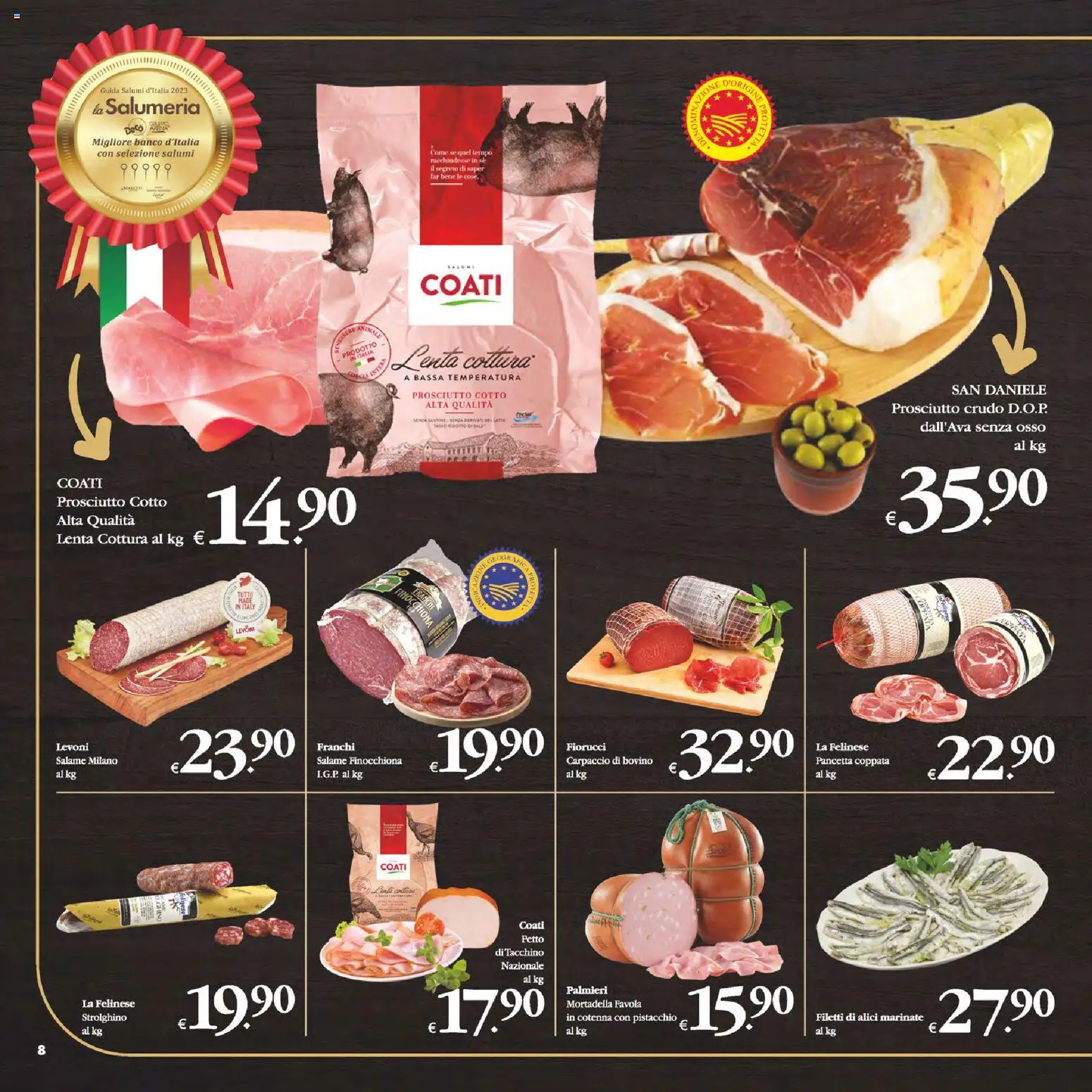 Volantino Decò del 14.11.2025 | Pagina: 8 | Prodotti: Prosciutto Crudo, Pancetta, Mortadella, Alici