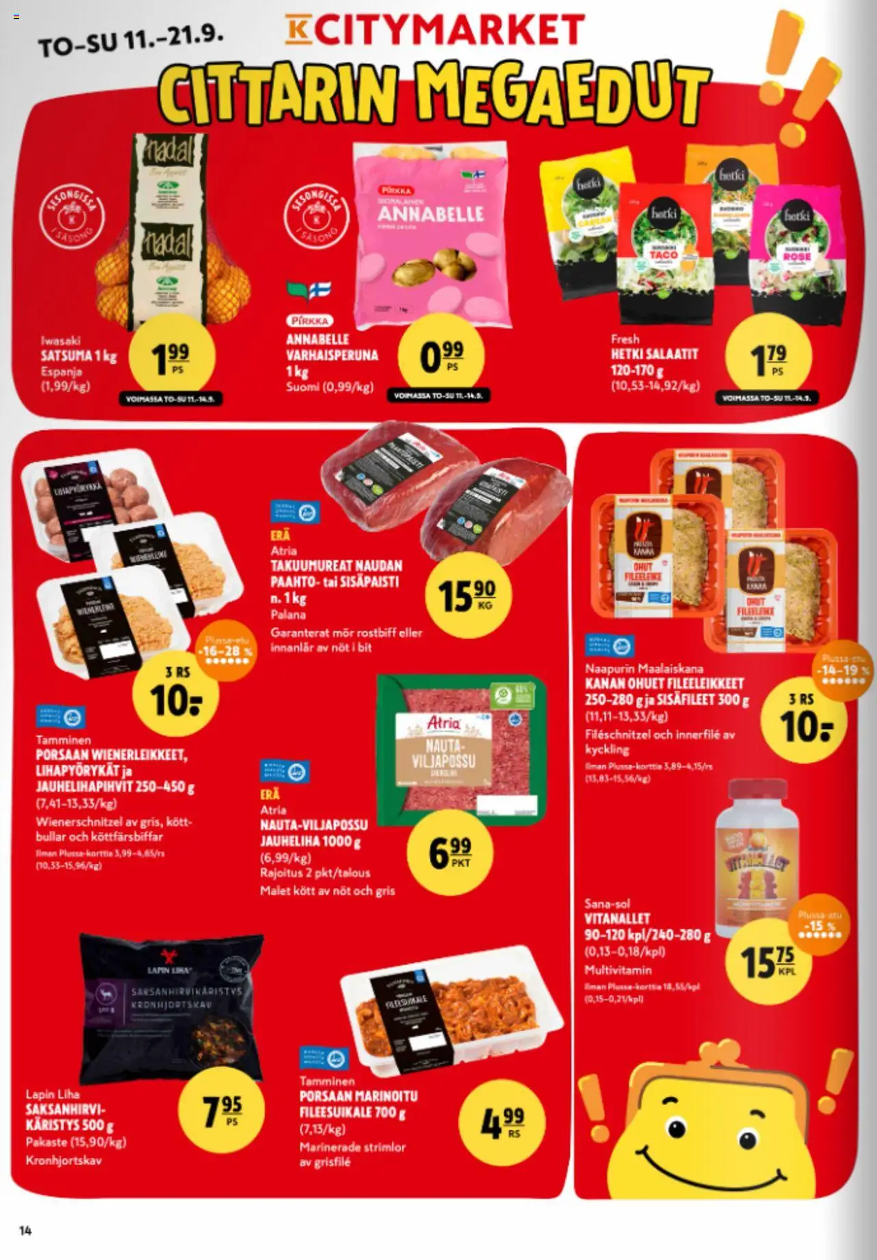 K-Citymarket tarjoukset – voimassa 11.09.2025 alkaen | Sivu: 14 | Tuotteet: Jauheliha, Satsuma