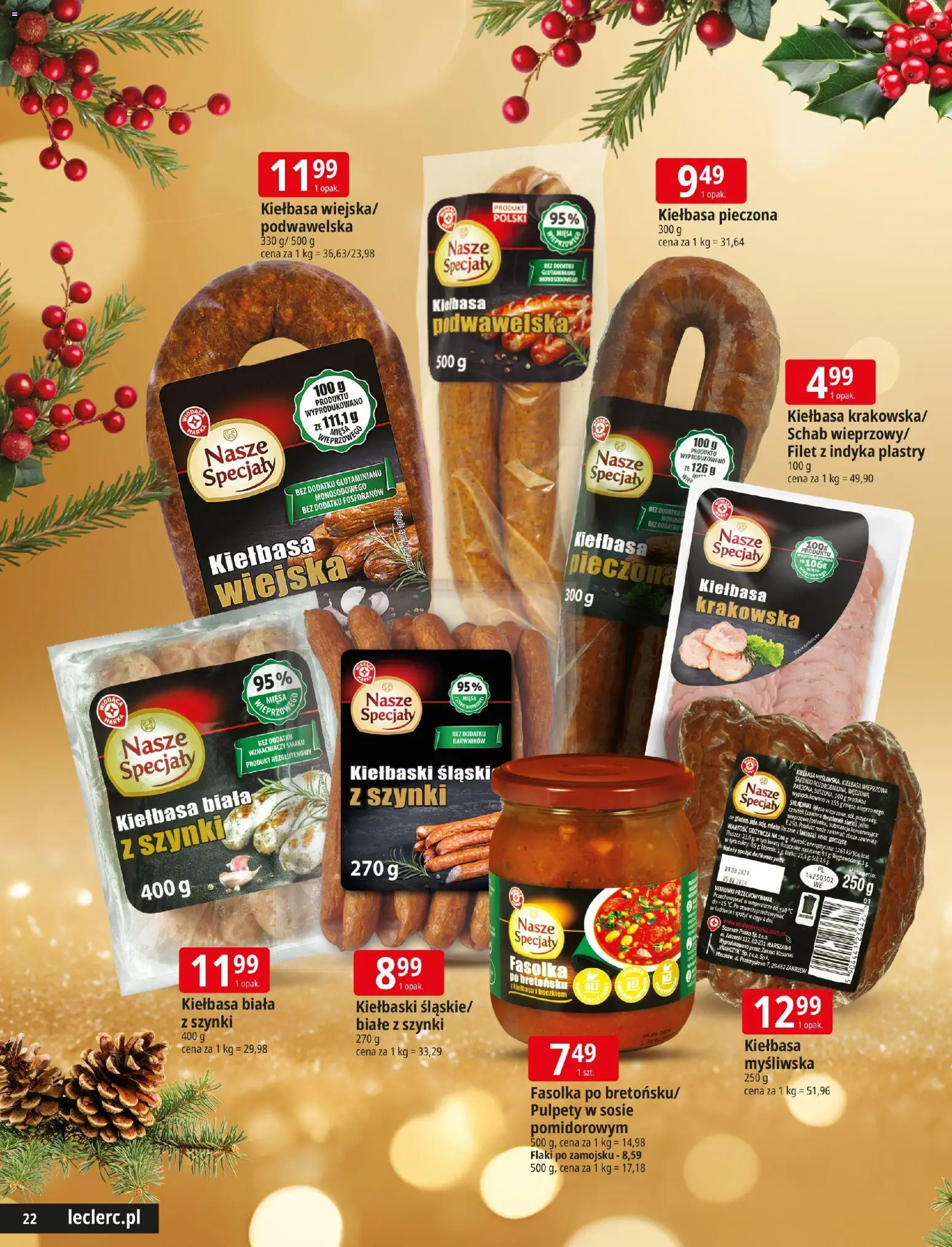 E.Leclerc Gazetka - Zamość Święta od 09.12.2025 | Strona: 22 | Produkty: Czosnek, Schab, Myśliwska, Kiełbasa krakowska