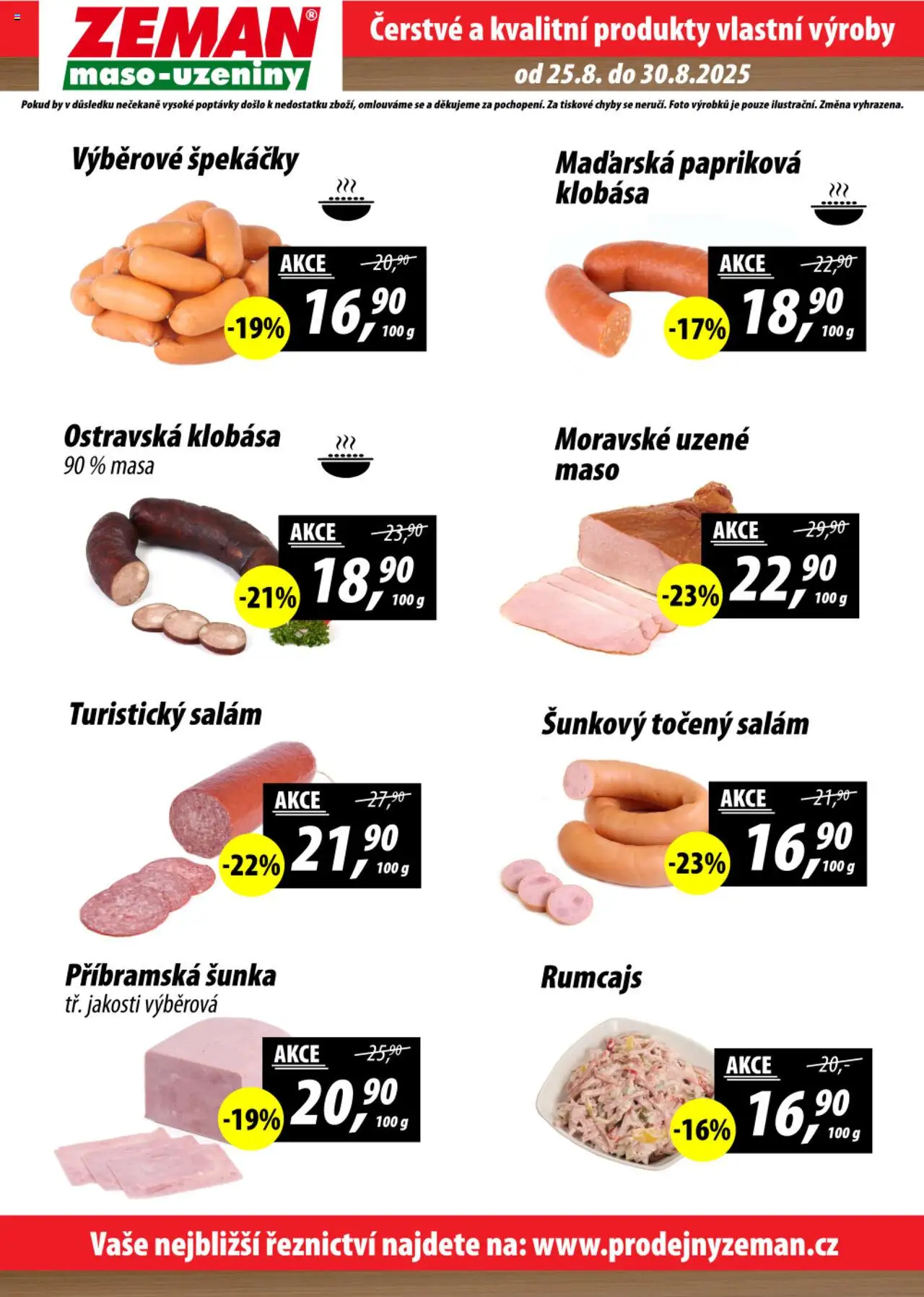 Prodejny Zeman leták od 25.08.2025 | Strana: 2 | Produkty: Špekáčky, Klobása, Točený salám, Maso