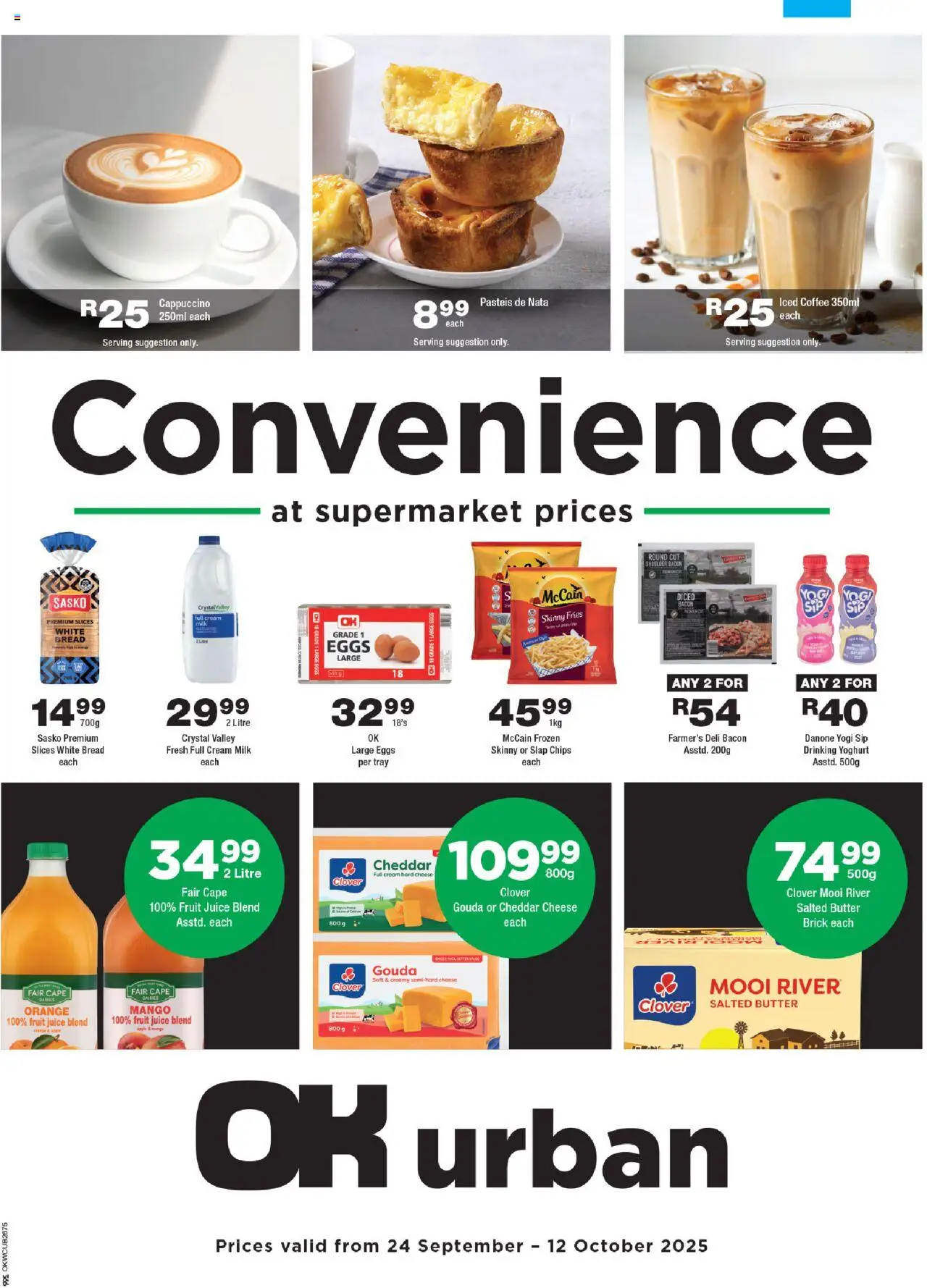 New OK Foods catalogue – valid from 24.09.2025 | Page: 1 | Products: Milk, Coffee, Juice, Fruit