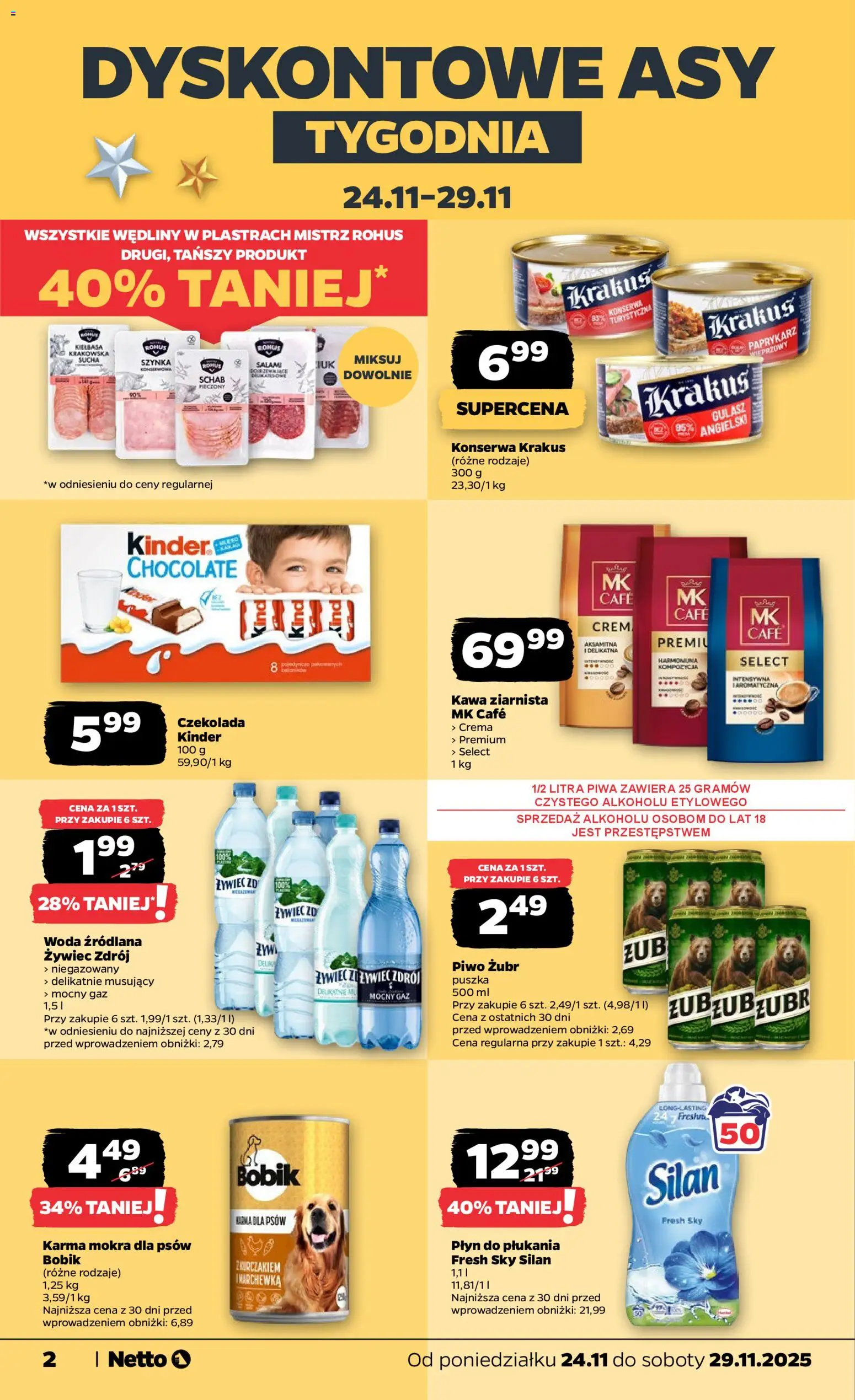 Netto gazetka od 24.11.2025 | Strona: 2 | Produkty: Kiełbasa, Piwo, Gulasz, Karma dla psów