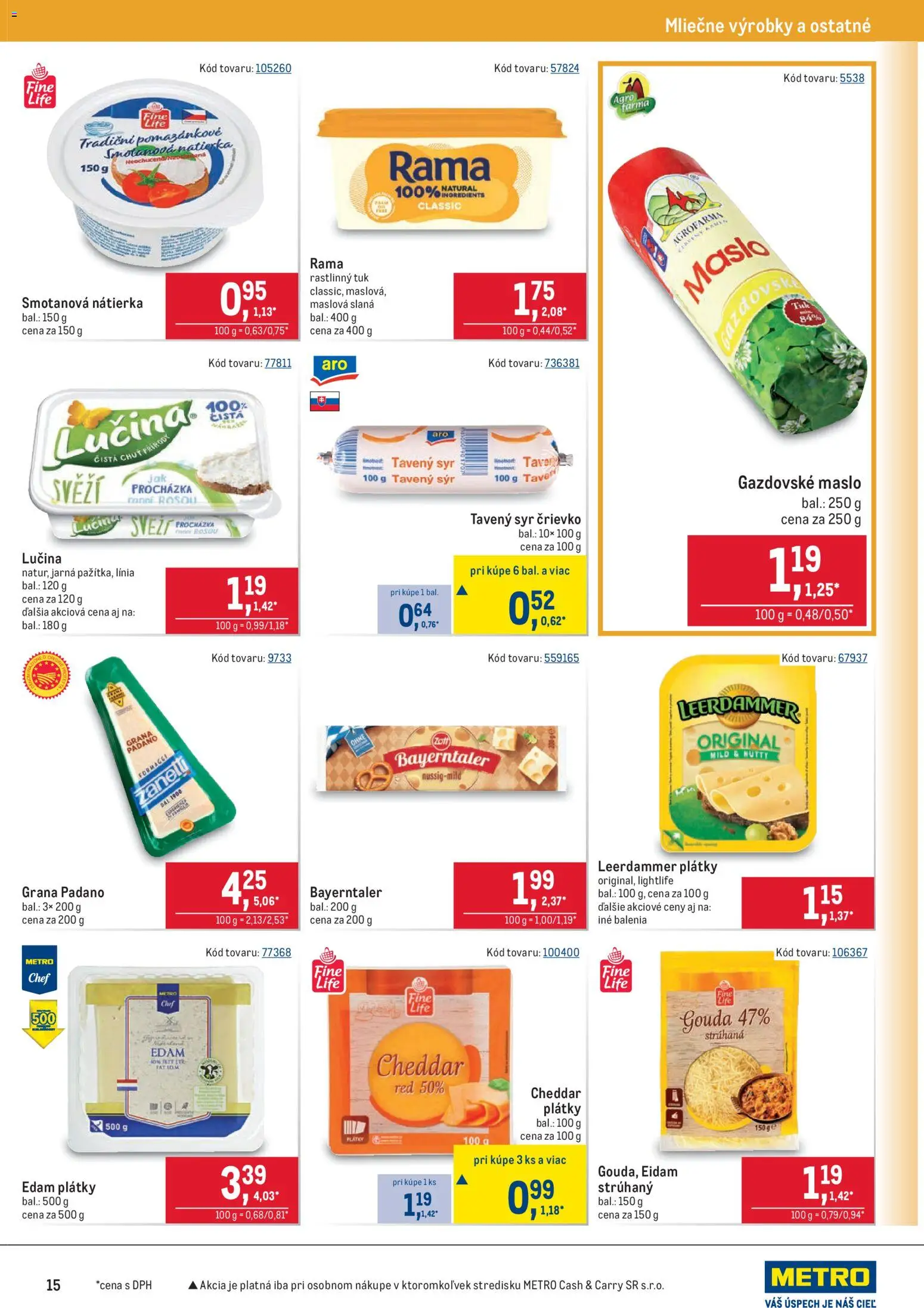 Nové Metro akcie – leták je platný od 08.04.2026 | Strana: 15 | Produkty: Maslo, Gouda, Eidam, Rama
